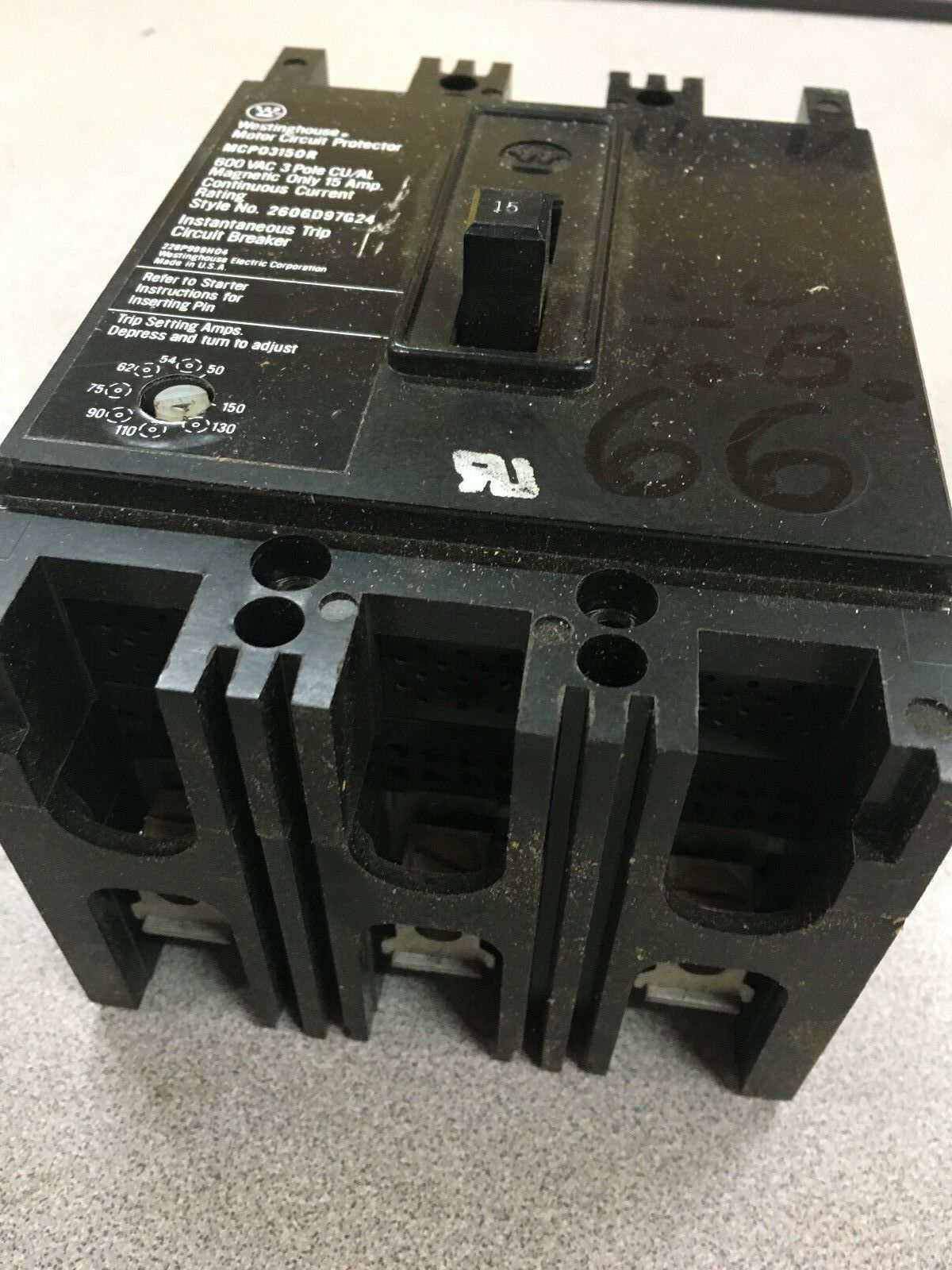 USED WESTINGHOUSE 3 POLE 15AMP CIRCUIT BREAKER MCP03150R