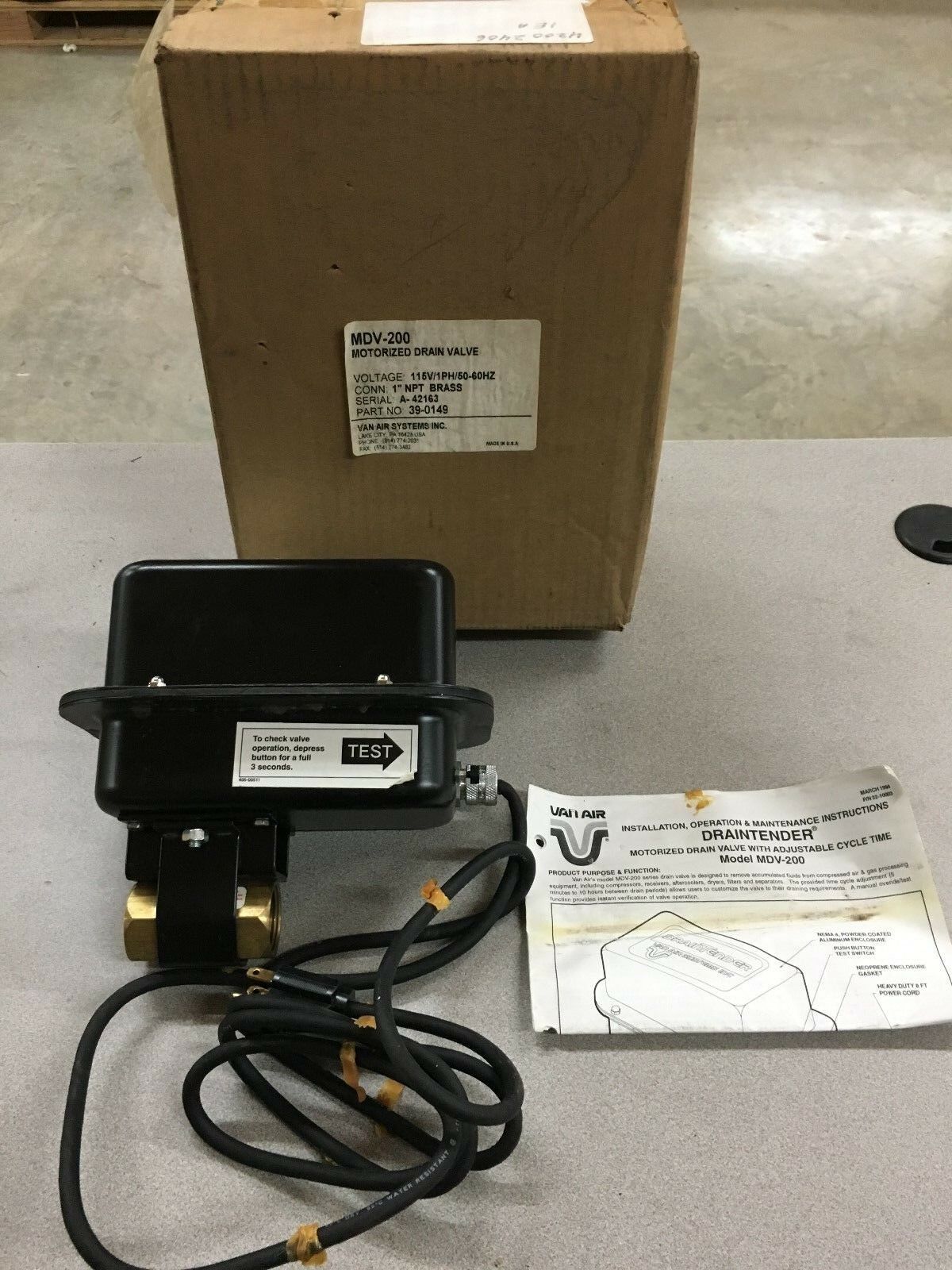 NEW IN BOX VAN-AIR MDV-200 MOTORIZED DRAIN VALVE 1" NPT BRASS 39-0149