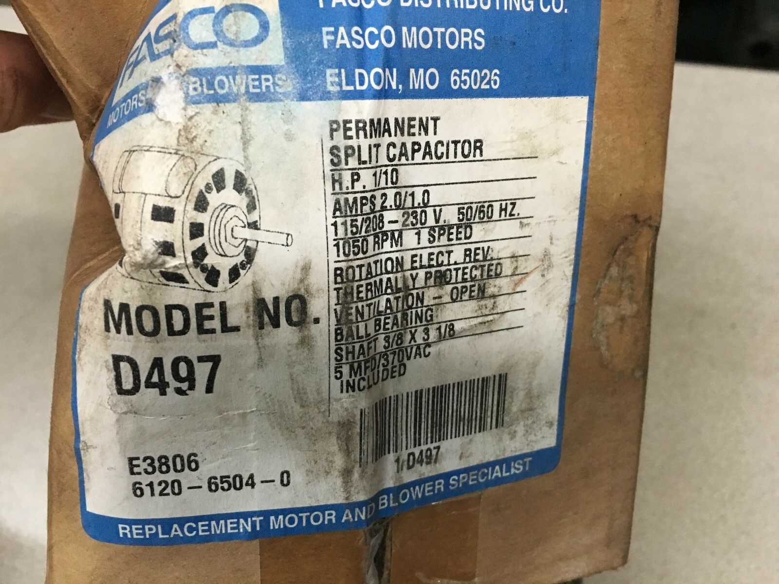 NEW FASCO PERMANENT SPLIT CAPACITOR 1/10HP MOTOR 1050RPM MOTOR D497