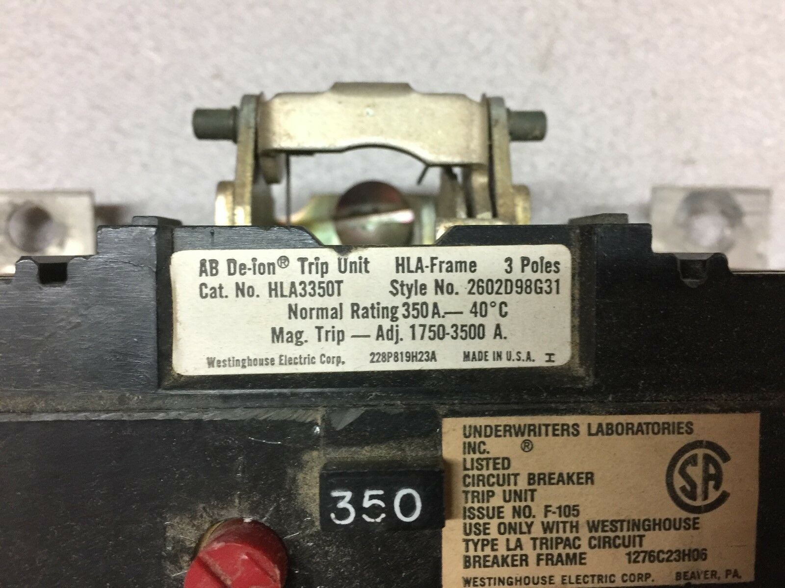 USED WESTINGHOUSE 350AMP TRIP UNIT ADJ 1750-3500 HLA3350T