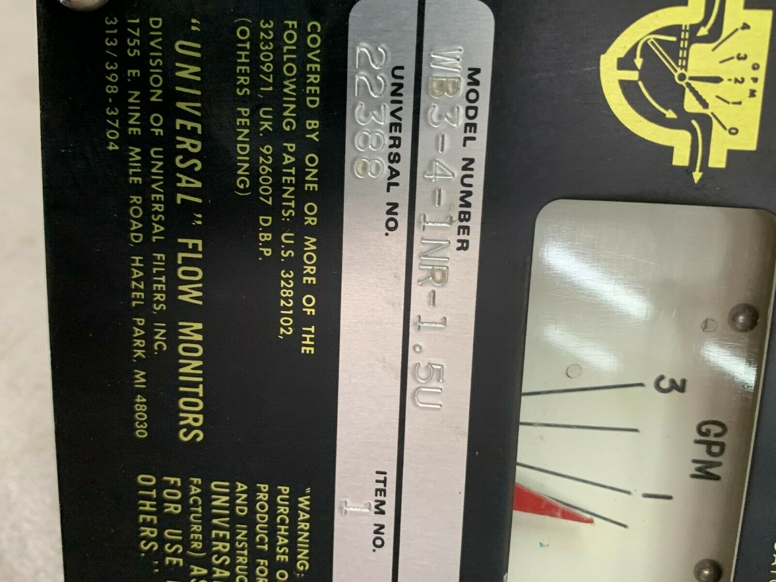 NEW NO BOX UNIVERSAL FLOW RATE INDICATOR WB3-4-1NR-1.5U
