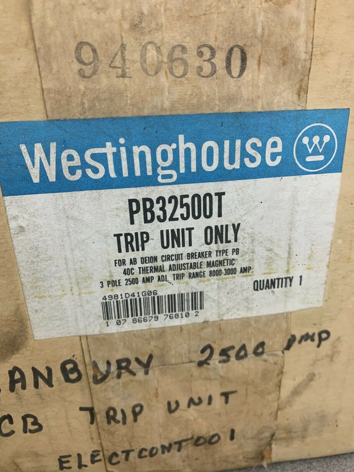 NEW IN BOX WESTINGHOUSE 3 POLE 2500AMP 4981D41G06 TRIP UNIT PB32500T