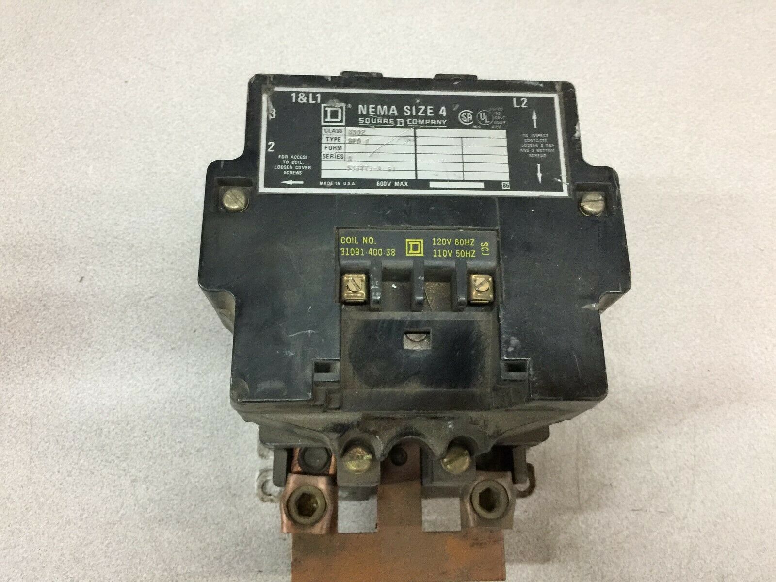 USED SQUARE D SIZE 4 2POLE 120VAC COIL 600VAC CONTACTOR 8502-SF01