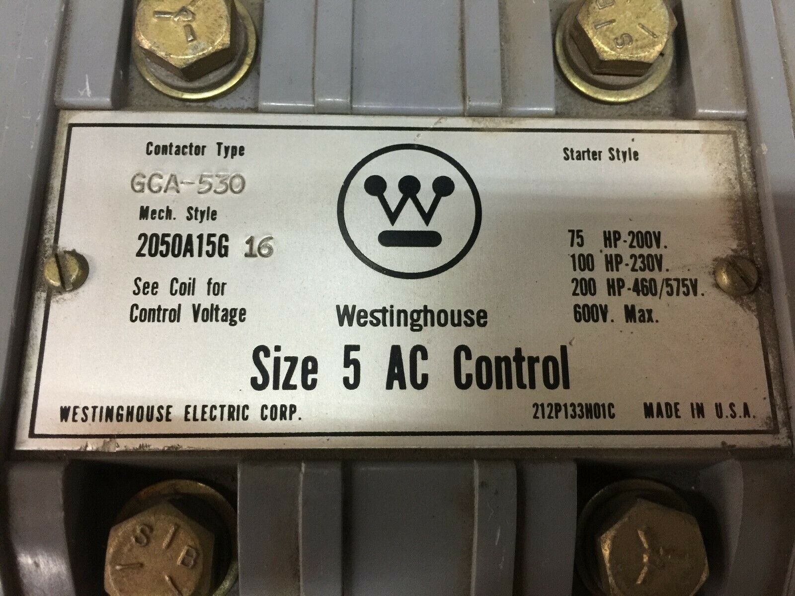 USED WESTINGHOUSE SIZE 5 3POLE 600VAC 480 VAC COIL 200 HP STARTER 2050A15G