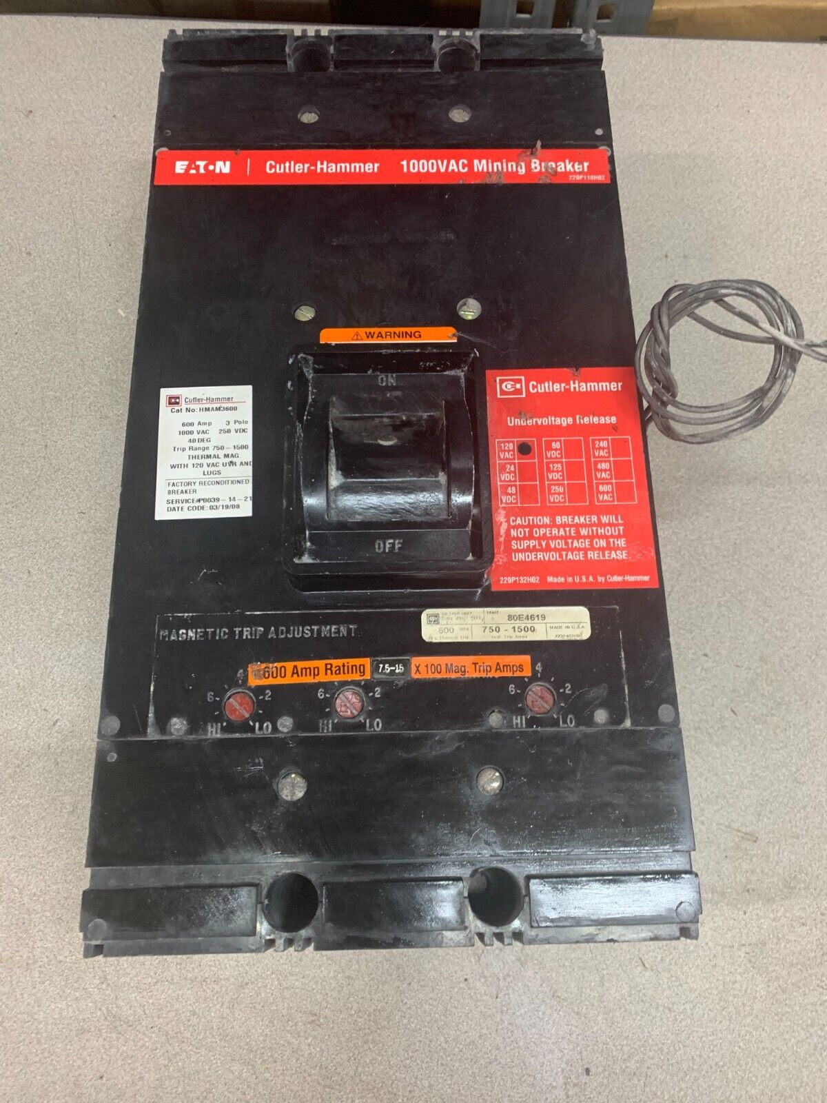 USED CUTLER-HAMMER 3 POLE 600AMP CIRCUIT BREAKER HMAM3600 WITH 80E4619 TRIP