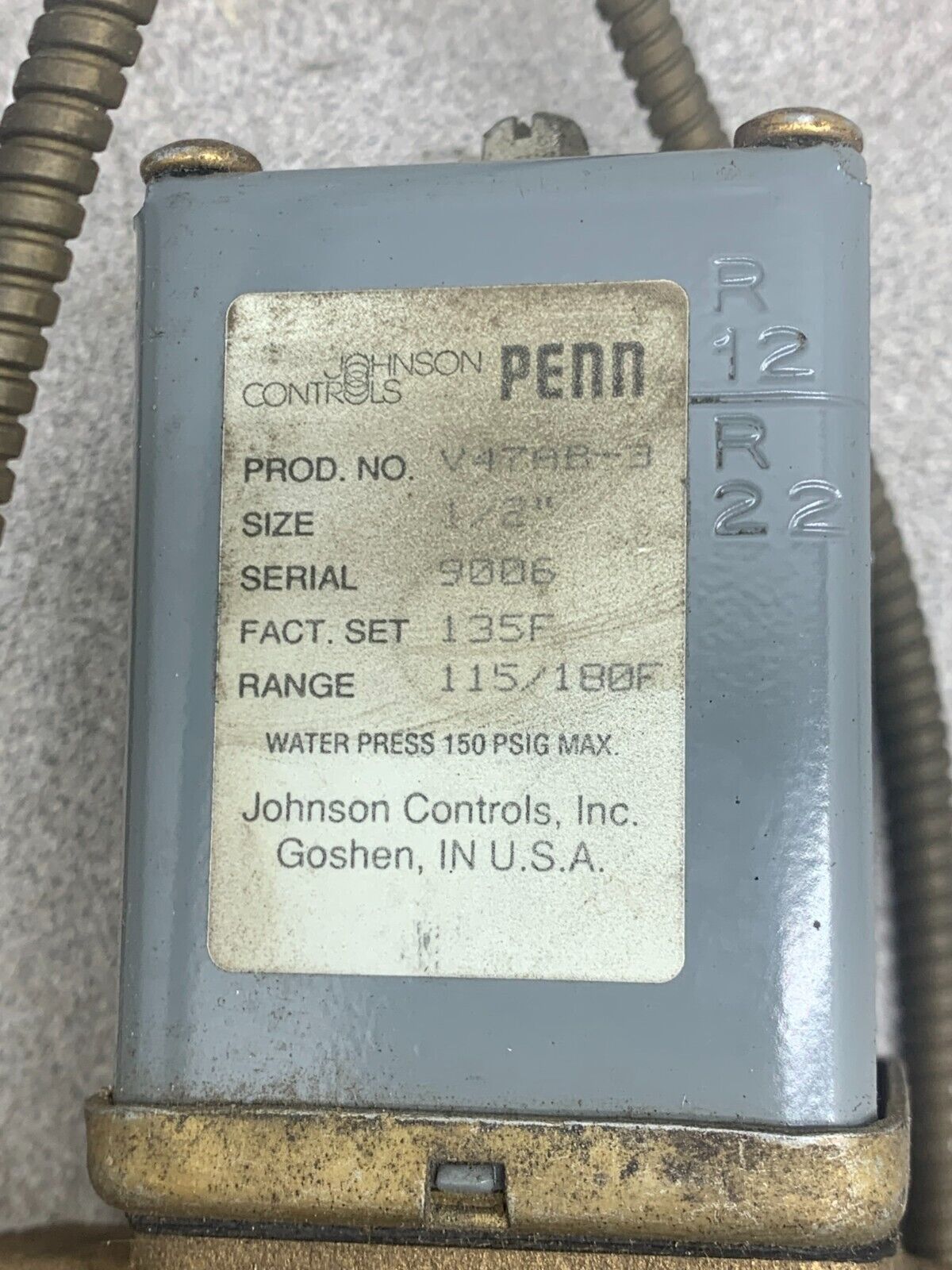 USED JOHNSON CONTROLS PENN 1/2" TEMPERATURE CONTROL V47AB-3