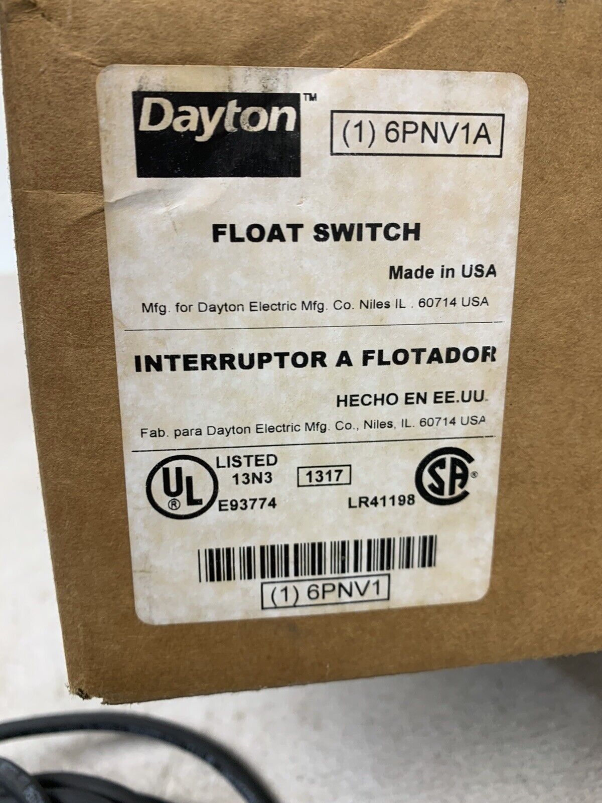 NEW IN BOX DAYTON 6PNV1 FLOAT SWITCH 6PNV1A