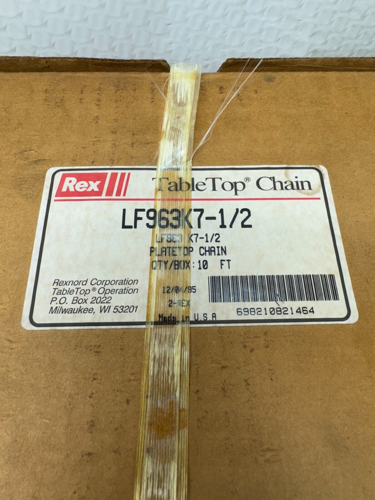 NEW 10FT. ROLL REXNORD TABLETOP CHAIN PLATETOP LF963K7-1/2