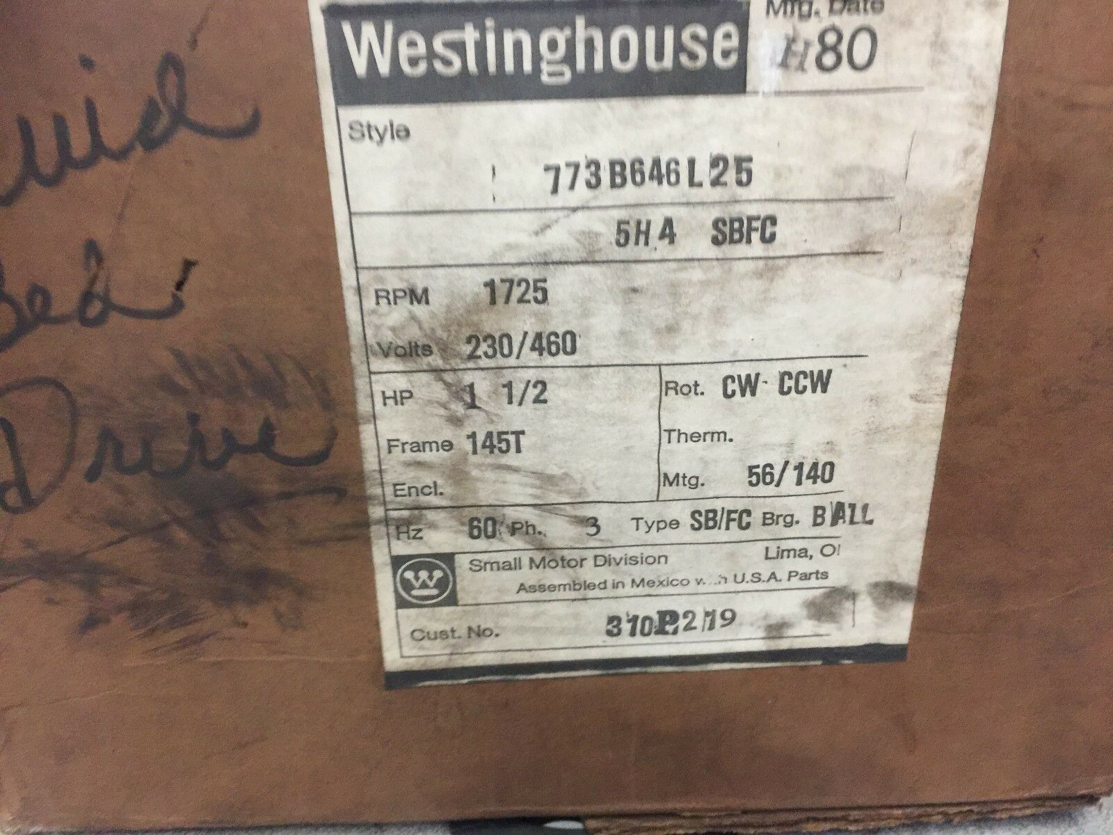 NEW IN BOX WESTINGHOUSE 1 1/2HP  145T FRM 3PH 1725RPM 310P219