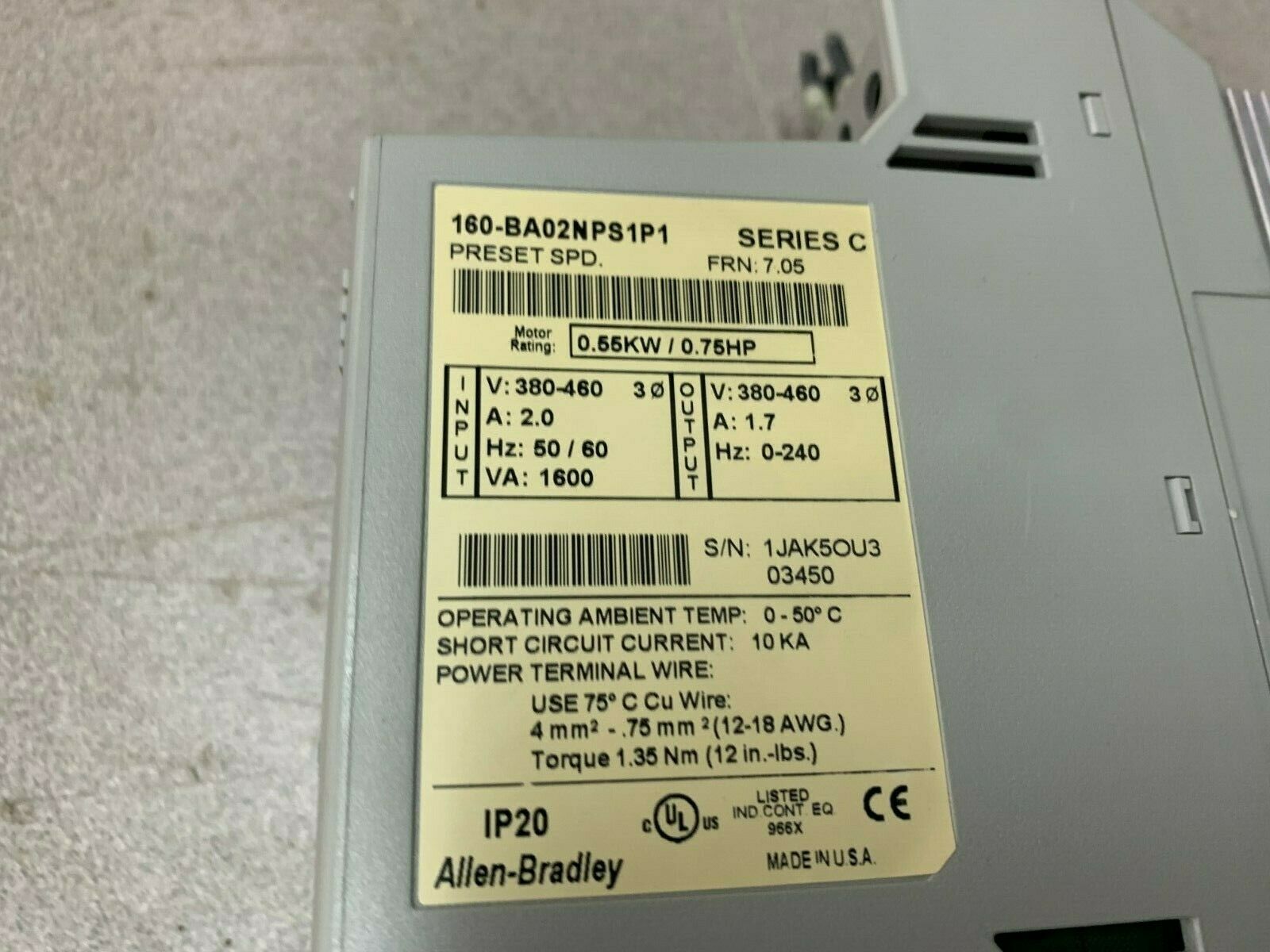 USED ALLEN BRADLEY .75 HP DRIVE 160-BA02NPS1P1