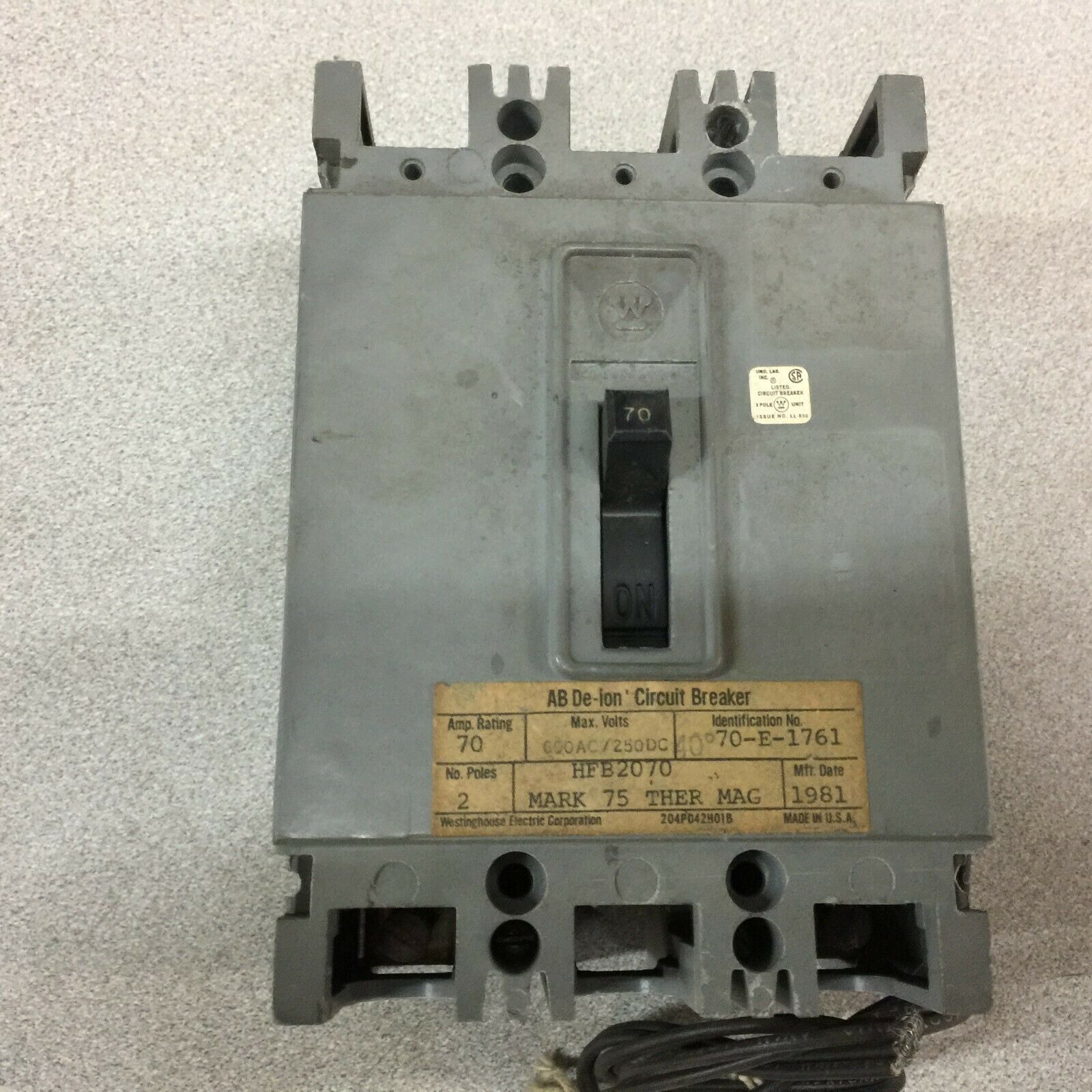 USED WESTINGHOUSE 70AMP 2POLE 600VAC 250VDC CIRCUIT BREAKER HFB070