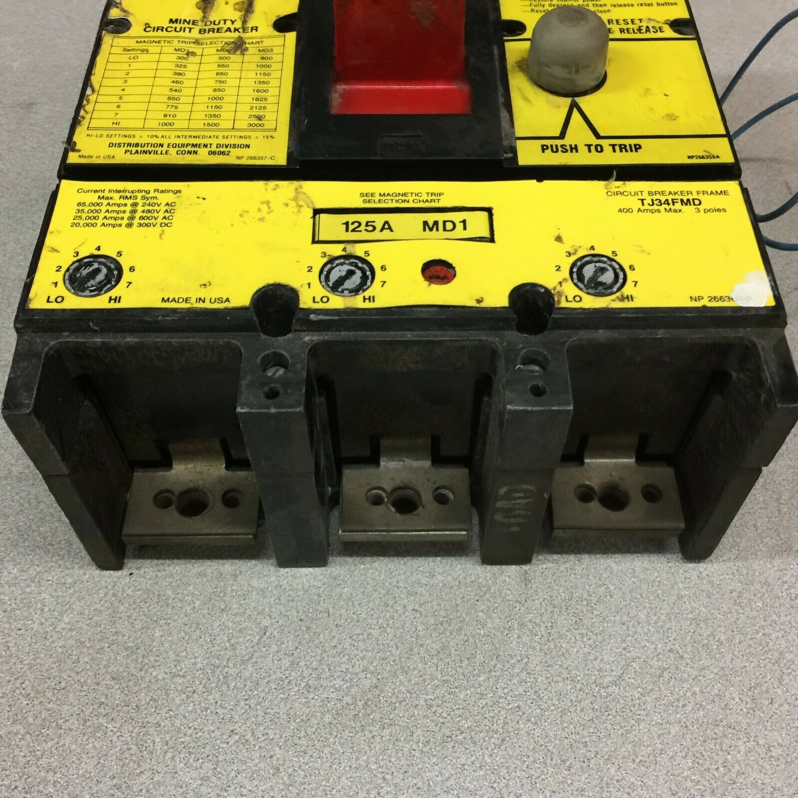 USED GE TJ34FMD 125AMP 3POLE 600VAC 24VDC UVR BREAKER TJ34125MD1