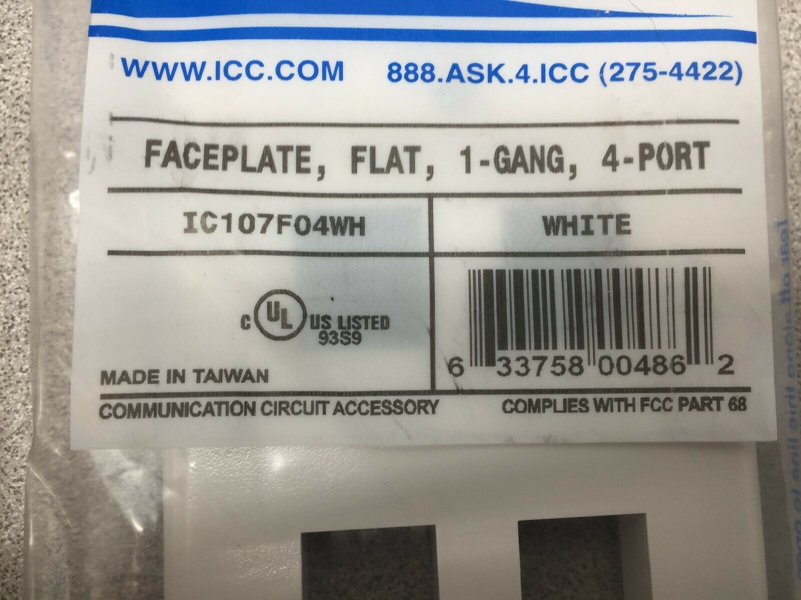 NEW IN BAG (LOT OF 21) ICC 1-GANG 4-PORT FLAT FACEPLATE IC107F04WH