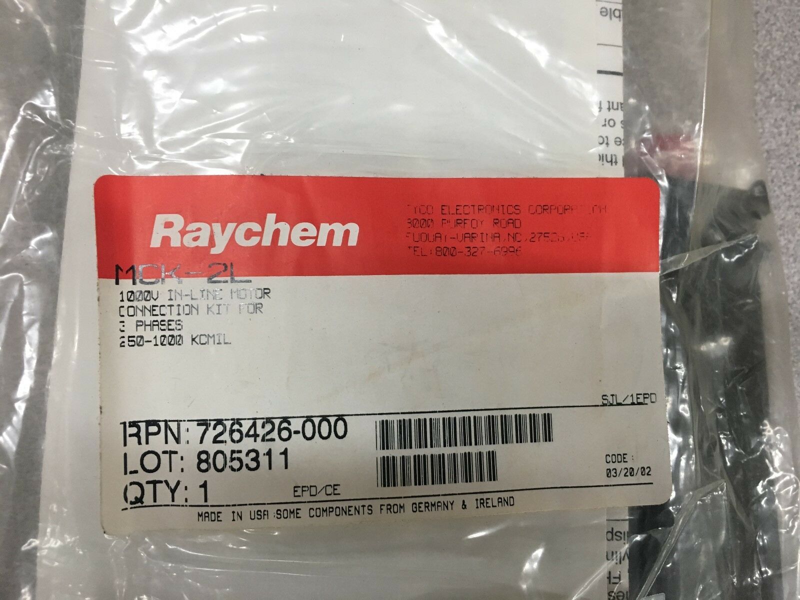 NEW RAYCHEM 1000V IN-LINE MOTOR CONNECTION KIT MCK-2L