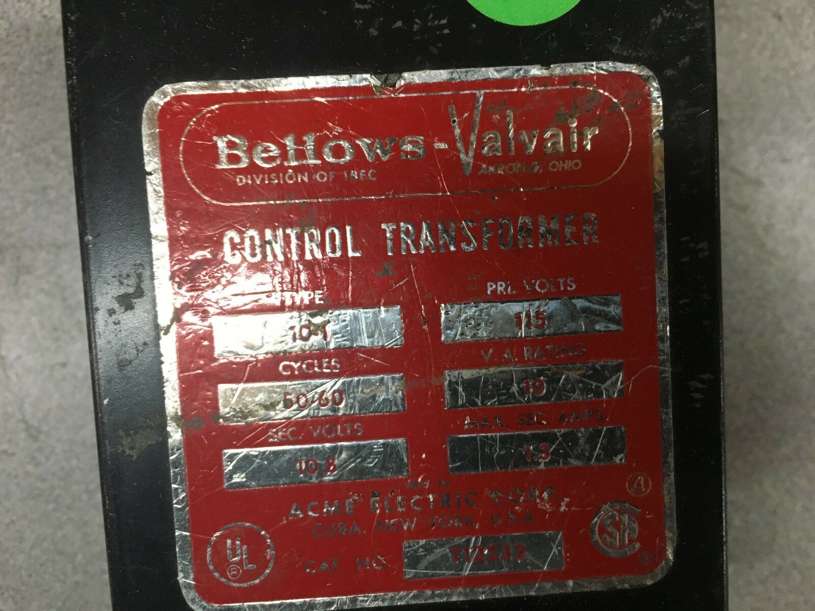 USED BELLOWS VALVAIR CONTROL TRANSFORMER TYPE 10-1