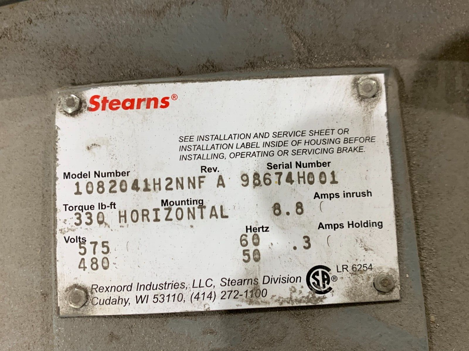 REULAND 50HP 365T FRAME MOTOR 0500E-VAAB-0007 WITH STEARNS 1082041H2NNF BRAKE