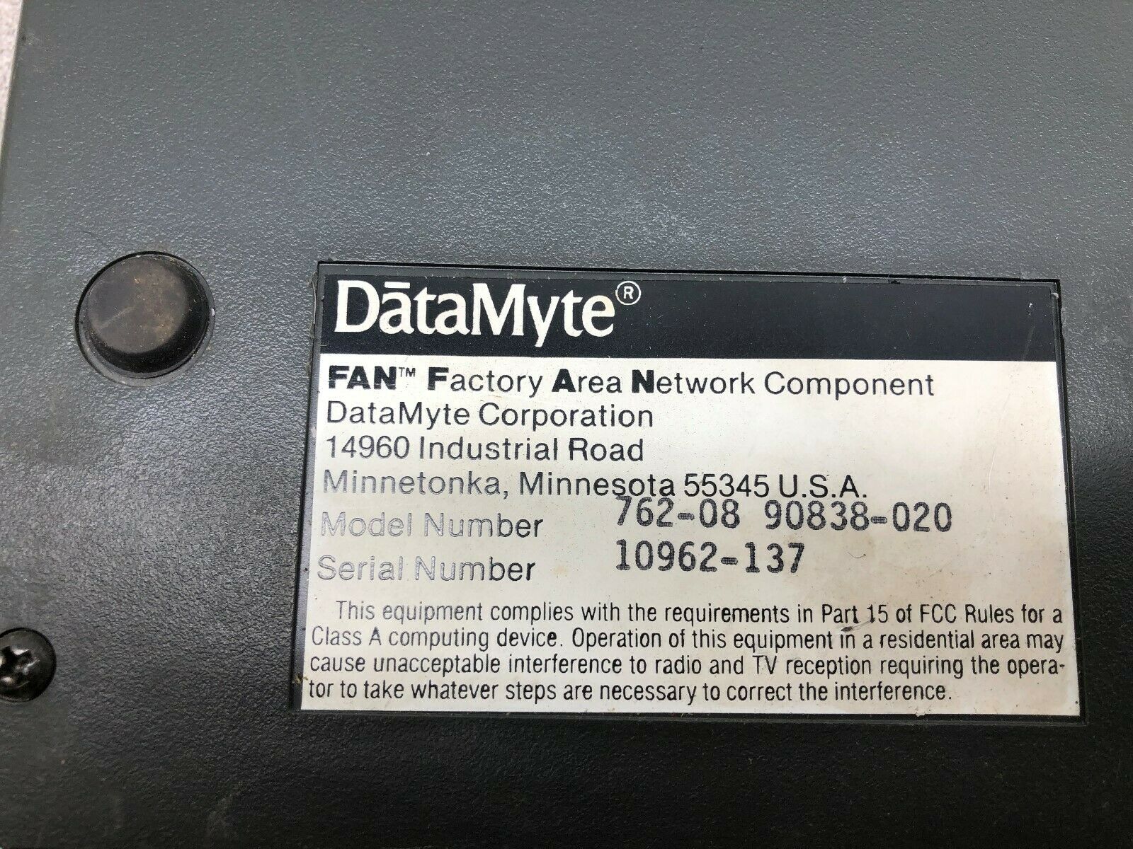 USED DATAMYTE FAN FACTORY AREA NETWORK COMPONENT 762-08 90838-020