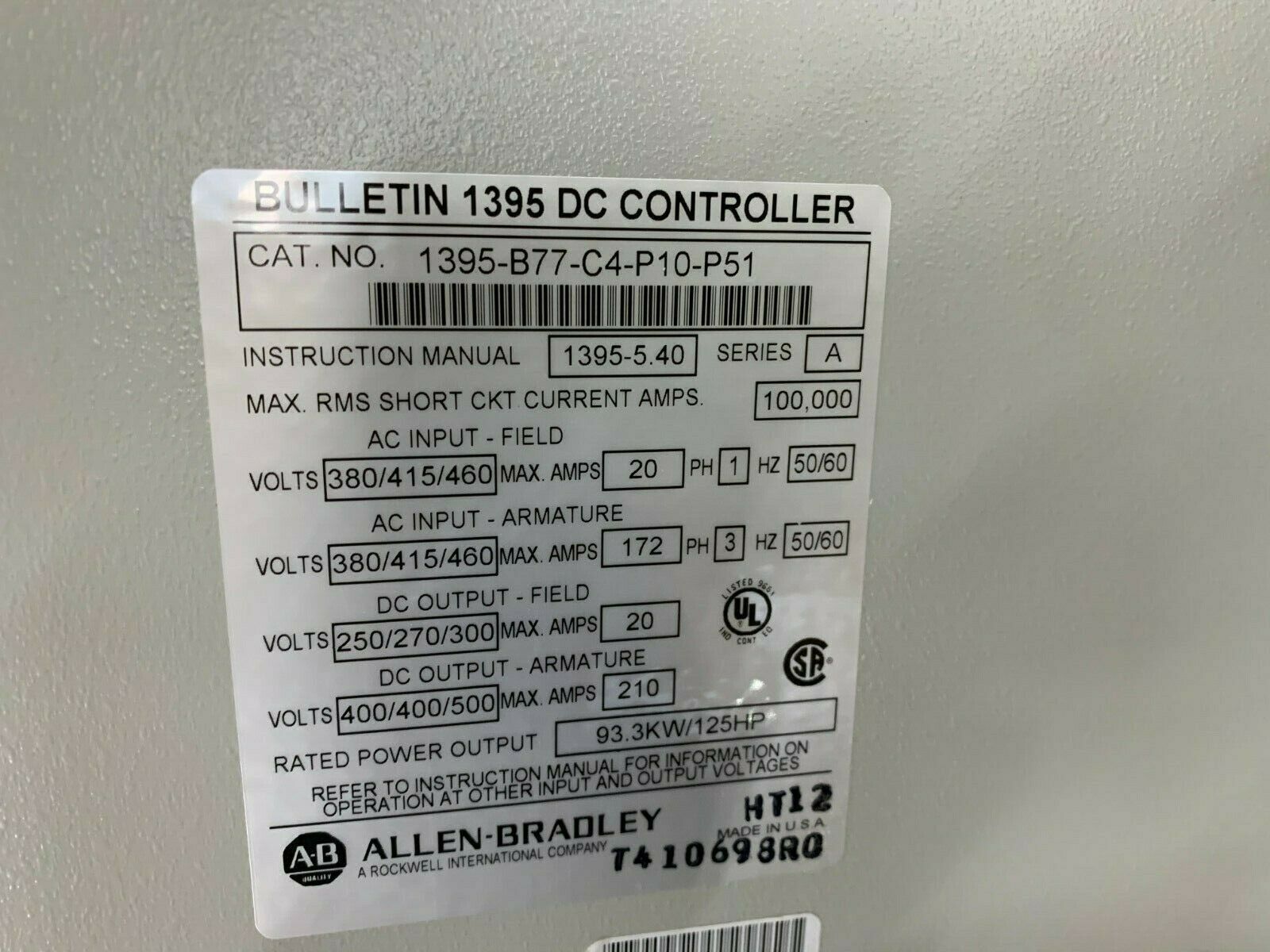 NEW ALLEN-BRADLEY 125HP DC CONTROLLER 1395-B77-C4-P10-P51 *MISSING CONTACTOR*