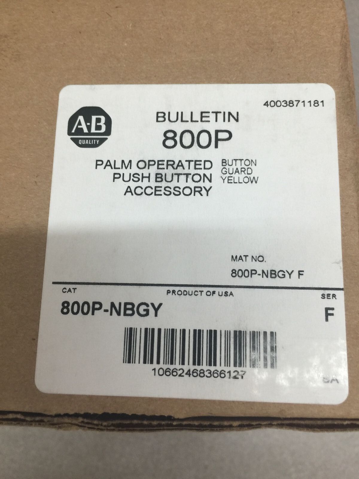 NEW IN BOX ALLEN BRADLEY PALM OPERATED PUSH BUTTON ACCESSORY 800P-NBGY SER.F