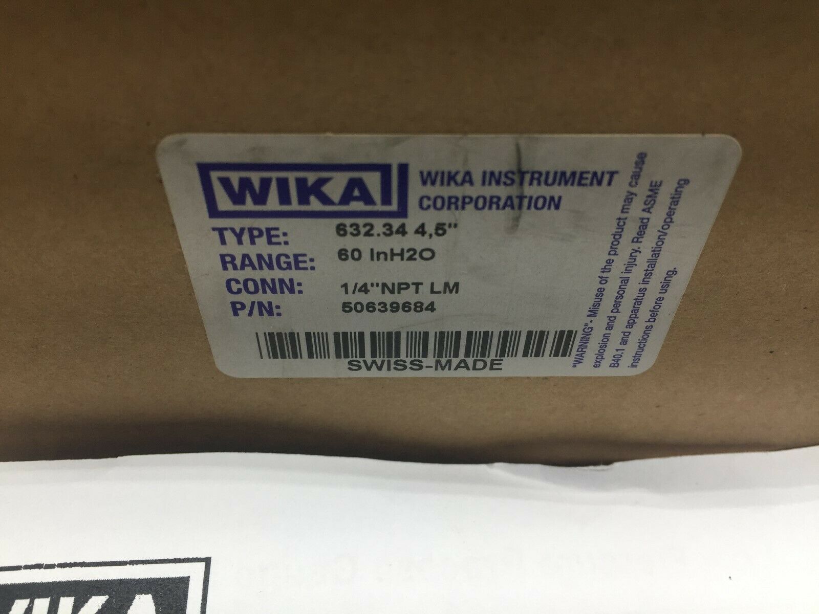 NEW IN BOX WIKA 632.34 4,5" 1/4" 60 INH2O 50639684