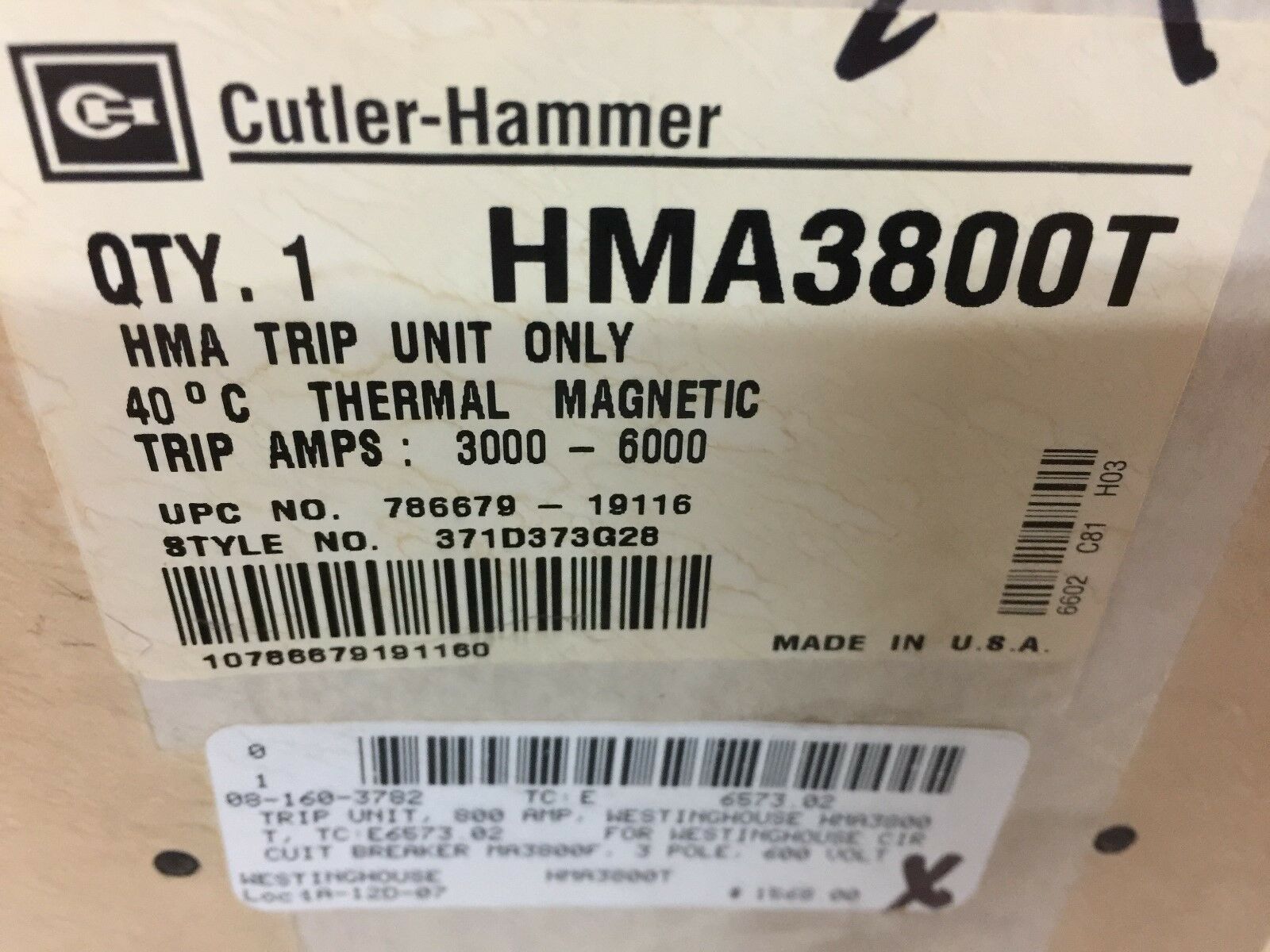 NEW IN BOX CUTLER HAMMER 3000-6000 MAGNETIC TRIP UNIT HMA3800T