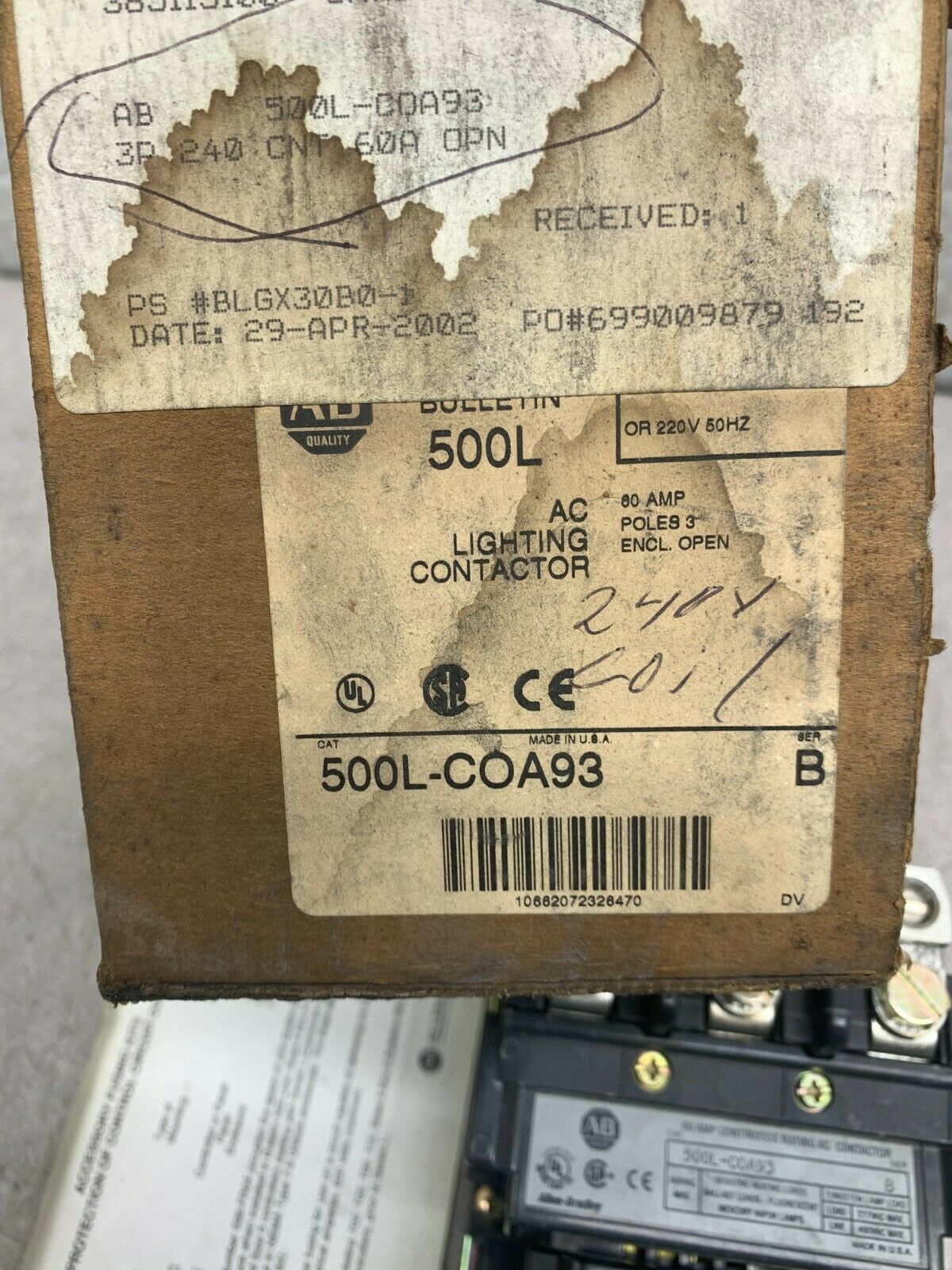 NEW IN BOX ALLEN-BRADLEY 500L-C0A93 AC LIGHTING CONTACTOR 500L-COA93 SERIES B