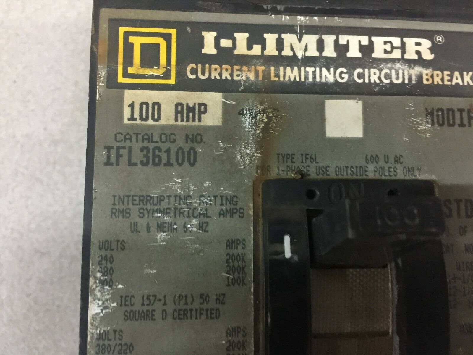 USED SQUARE D 100AMP 2POLE 600VAC I-LIMITER BREAKER IFL36100