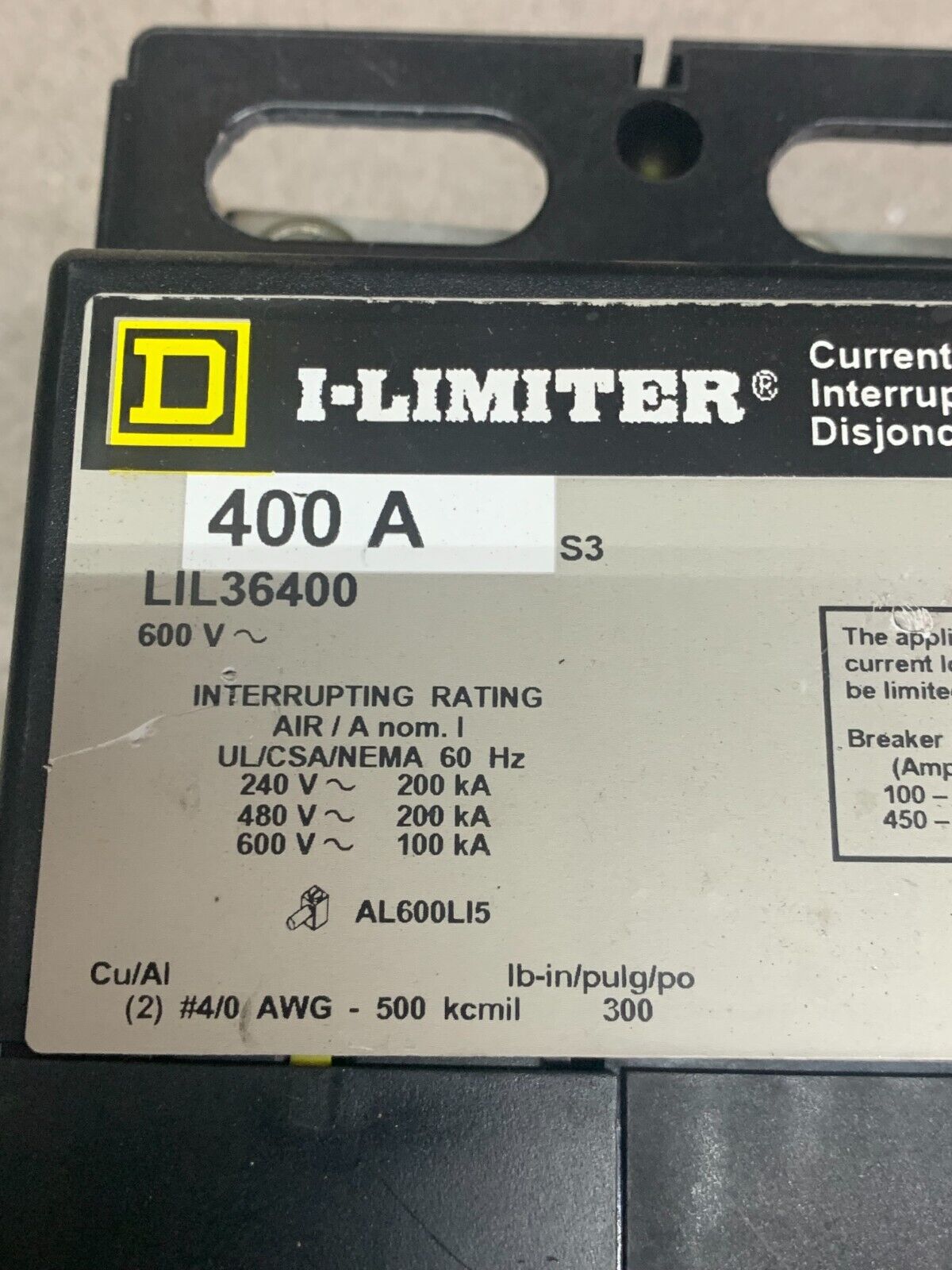 USED SQUARE D 400AMP I-LIMITER CURRENT-LIMITING CIRCUIT BREAKER LIL36400