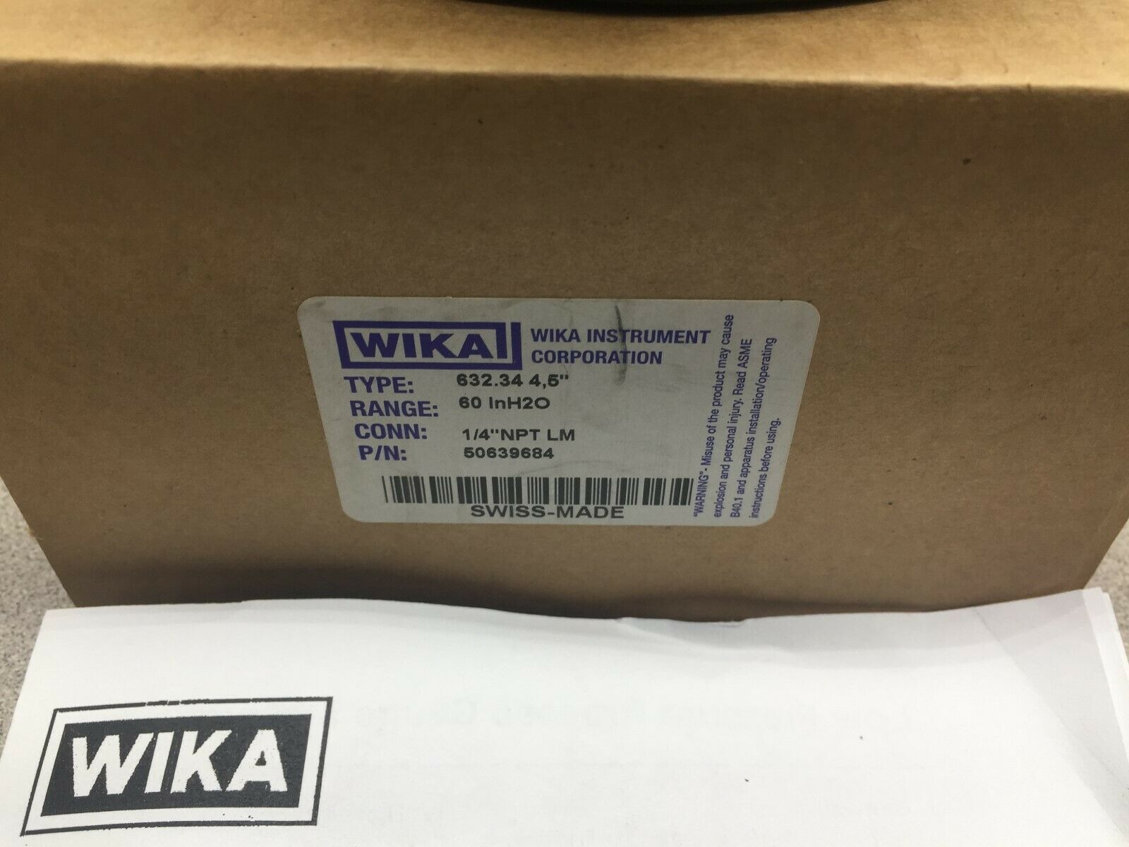 NEW IN BOX WIKA 632.34 4,5" 1/4" 60 INH2O 50639684