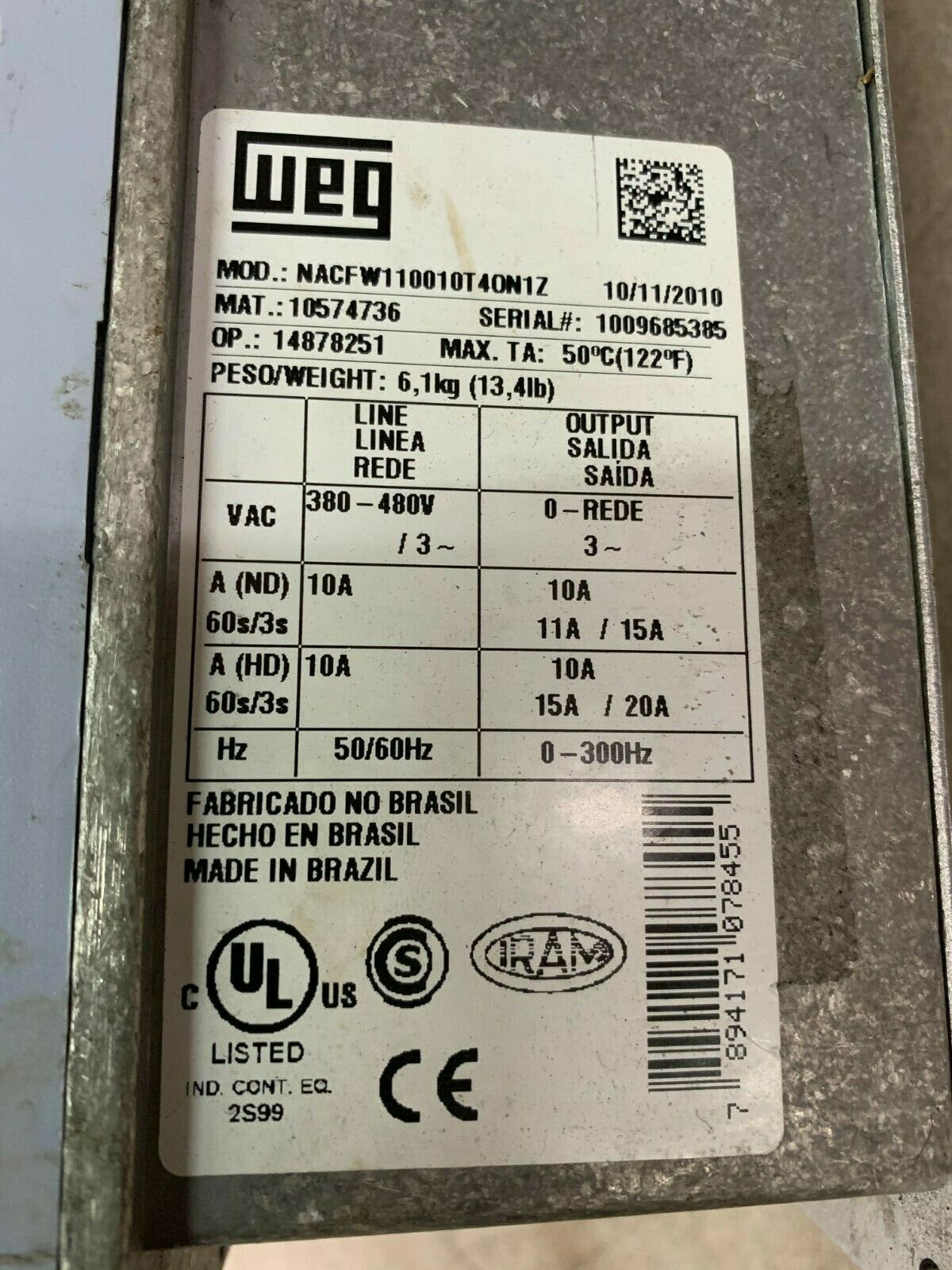 USED WEG VECTRUE INVERTER DRIVE NACFW110010T40N1Z