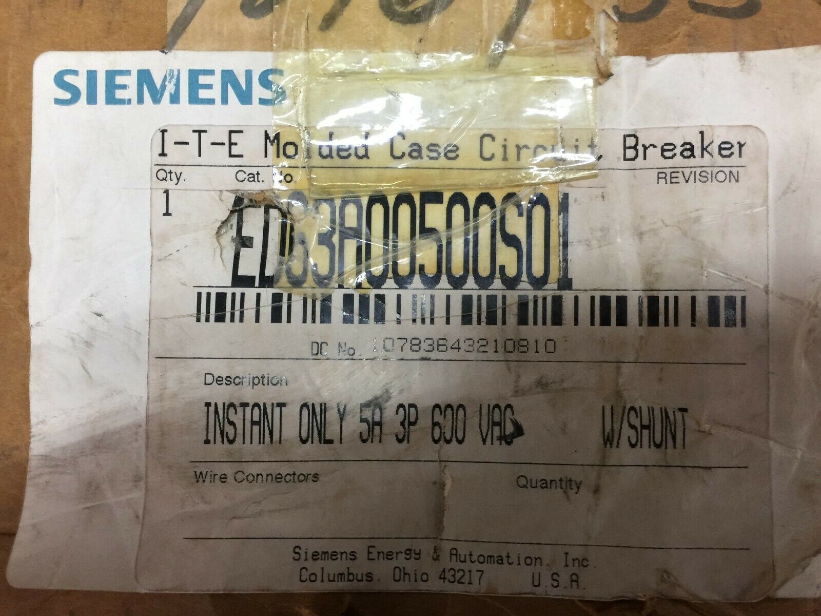 NEW IN BOX SIEMENS 5AMP 3POLE 600VAC 250VDC BREAKER WITH SHUNT TRIP ED63A005 / S