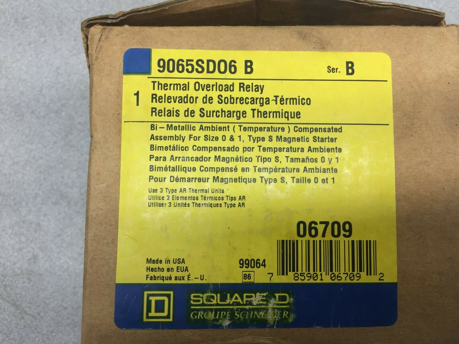 NEW IN BOX SQUARE D 3 POLE 600 VAC THERMAL OVERLOAD RELAY 9065SD06 B