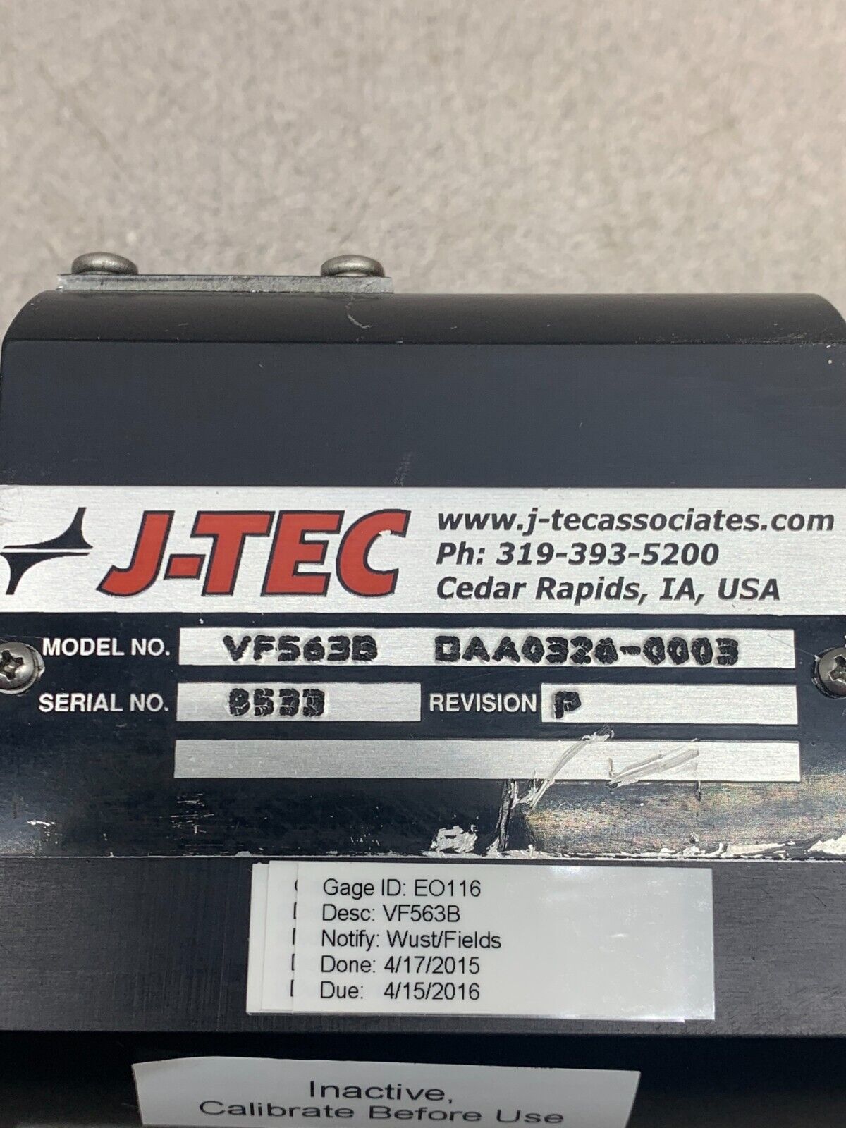 USED J-TEC FLOWMETER VF563B DAA0326-0003