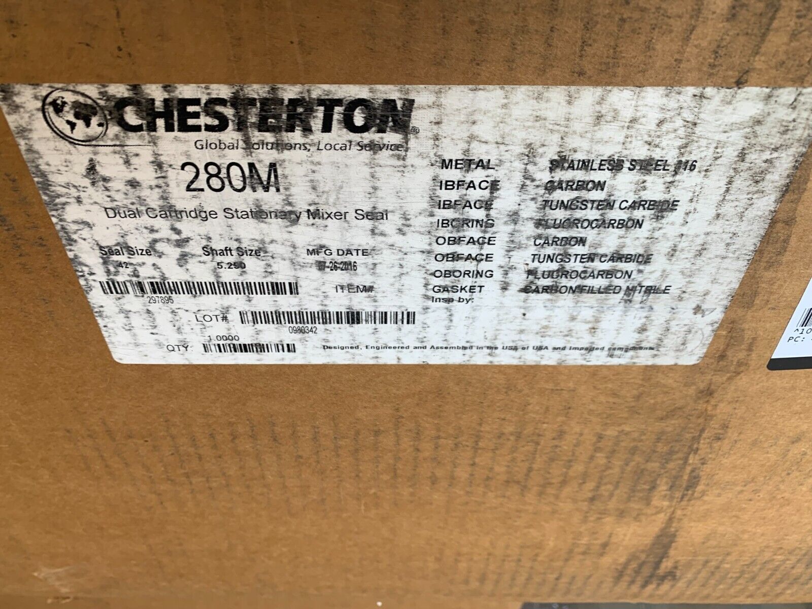 NEW CHESTERTON DUAL CARTRIDGE MIXER SEAL 280M SEAL SIZE 42 SHAFT SIZE 5.250