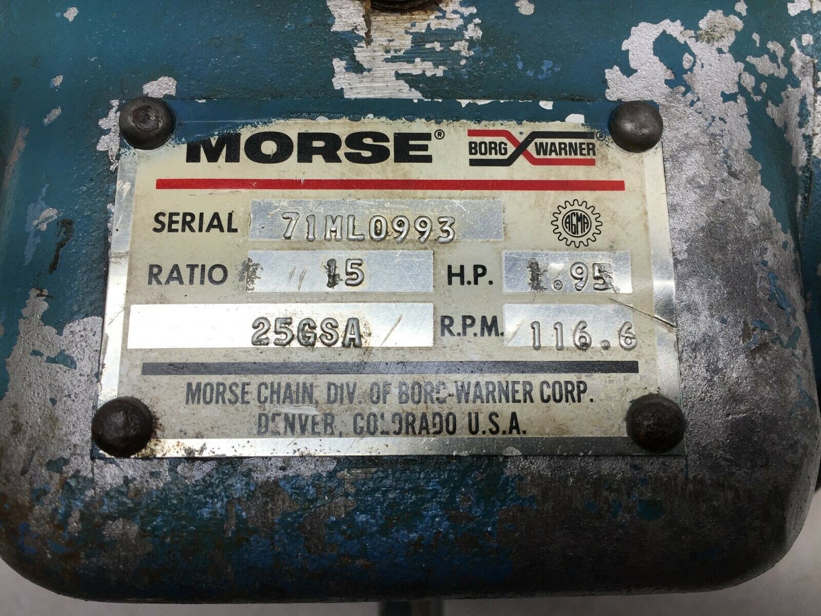 USED MORSE 15:1RATIO 1.91HP 116.6RPM GEARBOX 25GSA