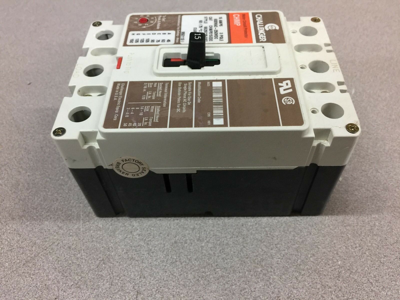 NEW NO BOX CHALLENGER 15AMP 3POLE 600V BREAKER CHMP015E0C