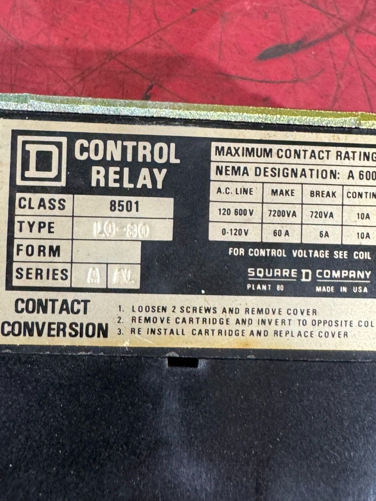 NEW SQUARE D A.C. MAGNETIC RELAY 110/120V. COIL 8501 LO-80