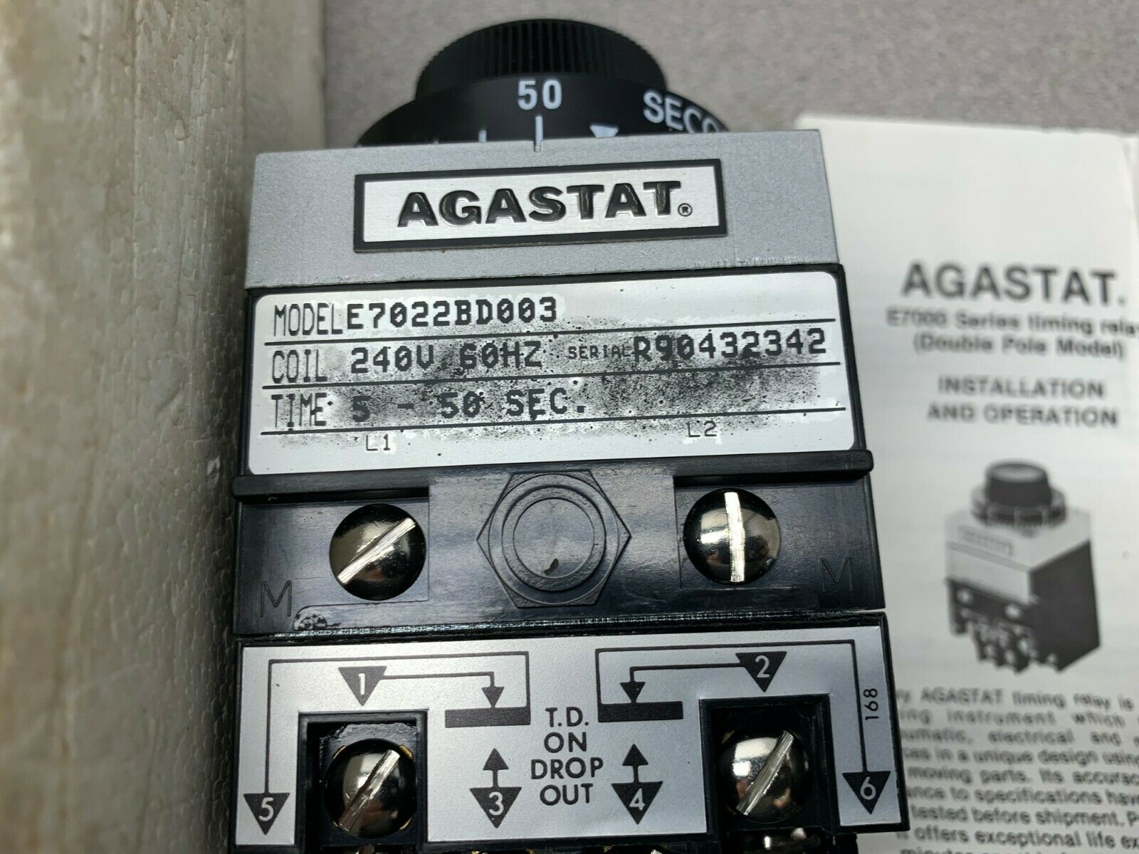 NEW AGASTAT 240V. TIMER 5-50 SEC. TIMING RELAY E7022BD003