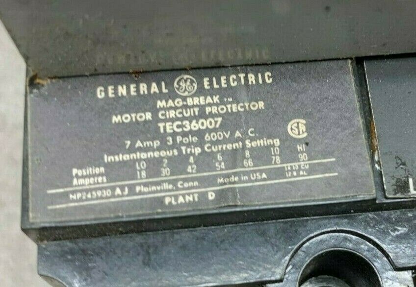 USED GENERAL ELECTRIC TEFR1 7 AMP 3 POLE MOTOR CIRCUIT PROTECTOR TEC36007