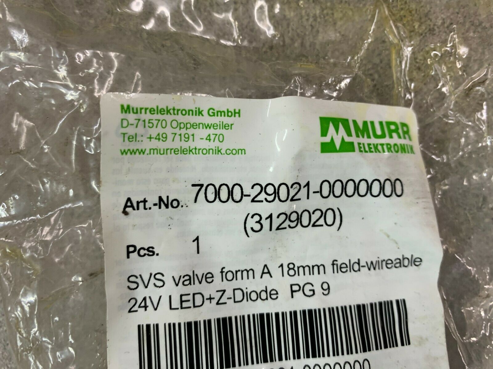 NEW IN BAG MURR VALVE PLUG 7000-29021-0000000