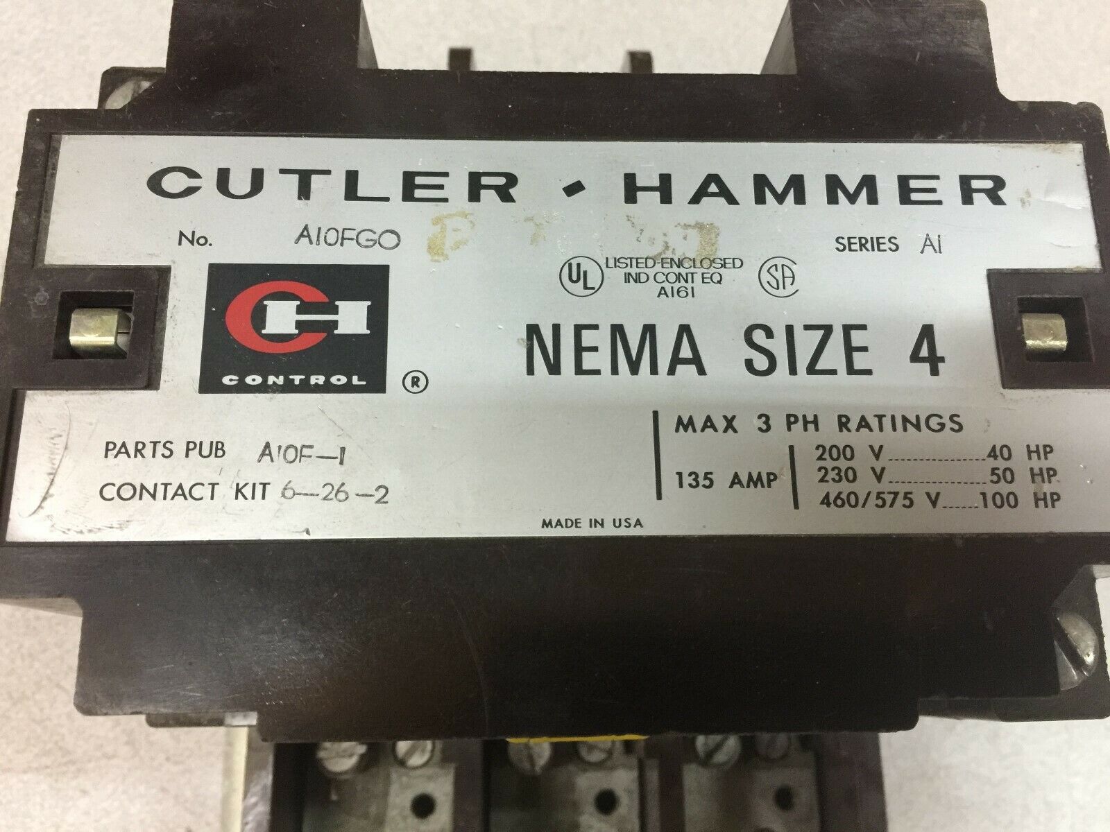 USED CUTLER HAMMER SIZE 4 3POLE 135AMP 100HP 480VAC COIL CONTACTOR A10FGO