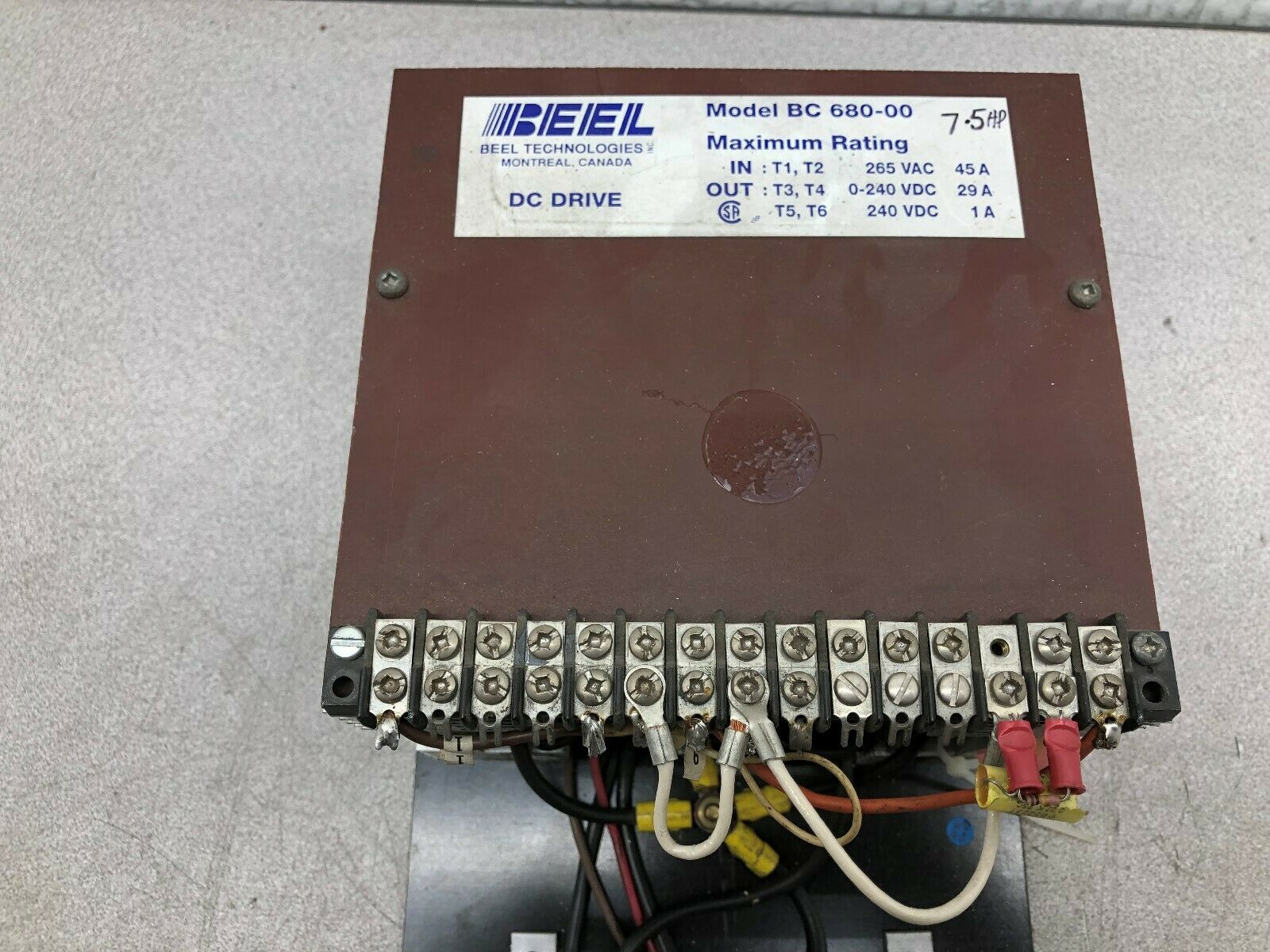 USED BEEL 7.5 HP 265 VAC 45 AMP INPUT 0-240 VDC 29 AMP DC DRIVE BC 680-00