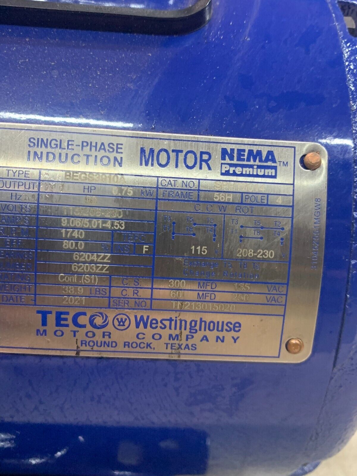 WESTINGHOUSE TECO 1HP SINGLE PHASE MOTOR 115/208-230V. SPHT0014 TYPE BEGS3910A