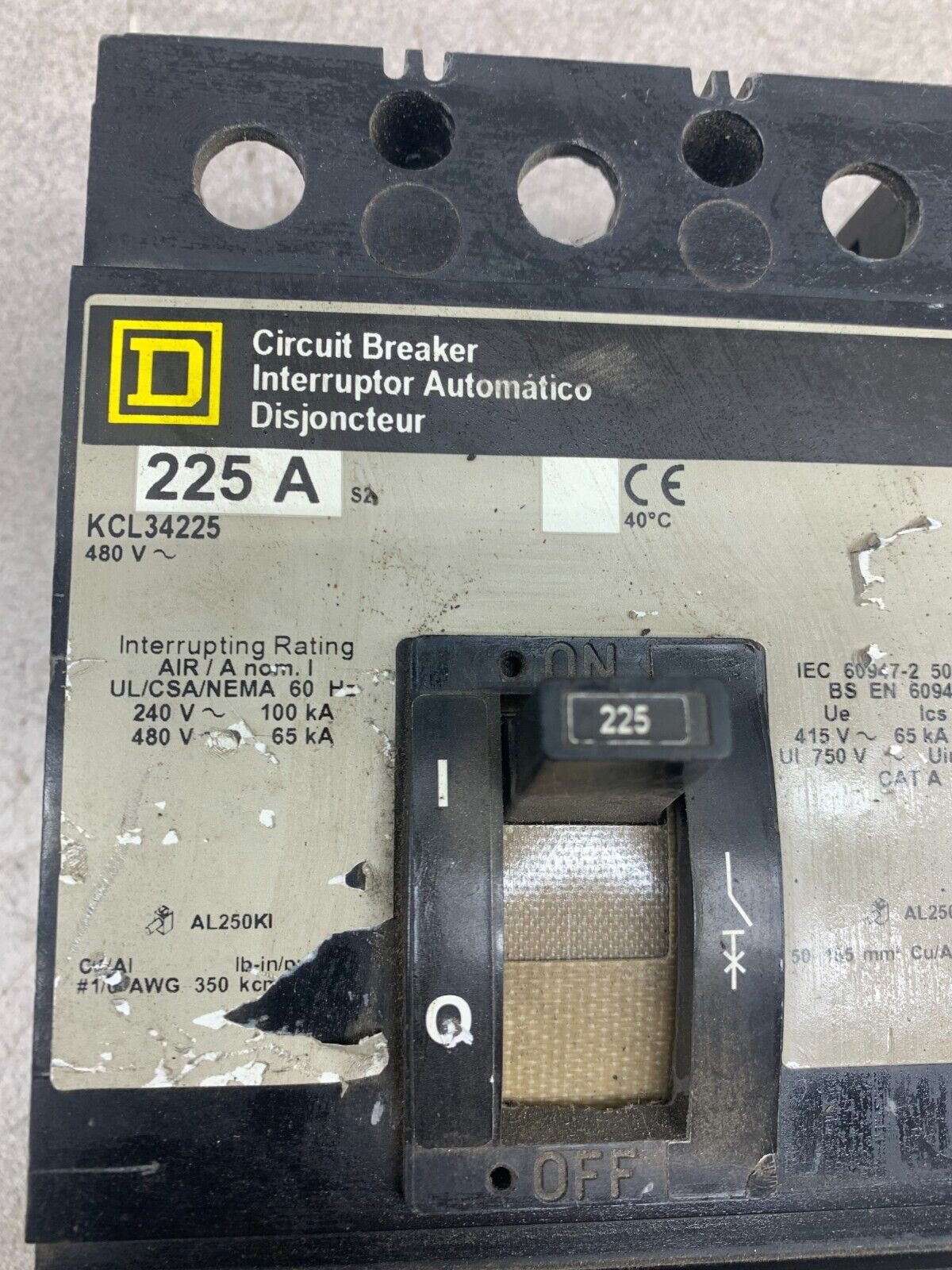 USED SQUARE D 3 POLE 225AMP CIRCUIT BREAKER KCL34225