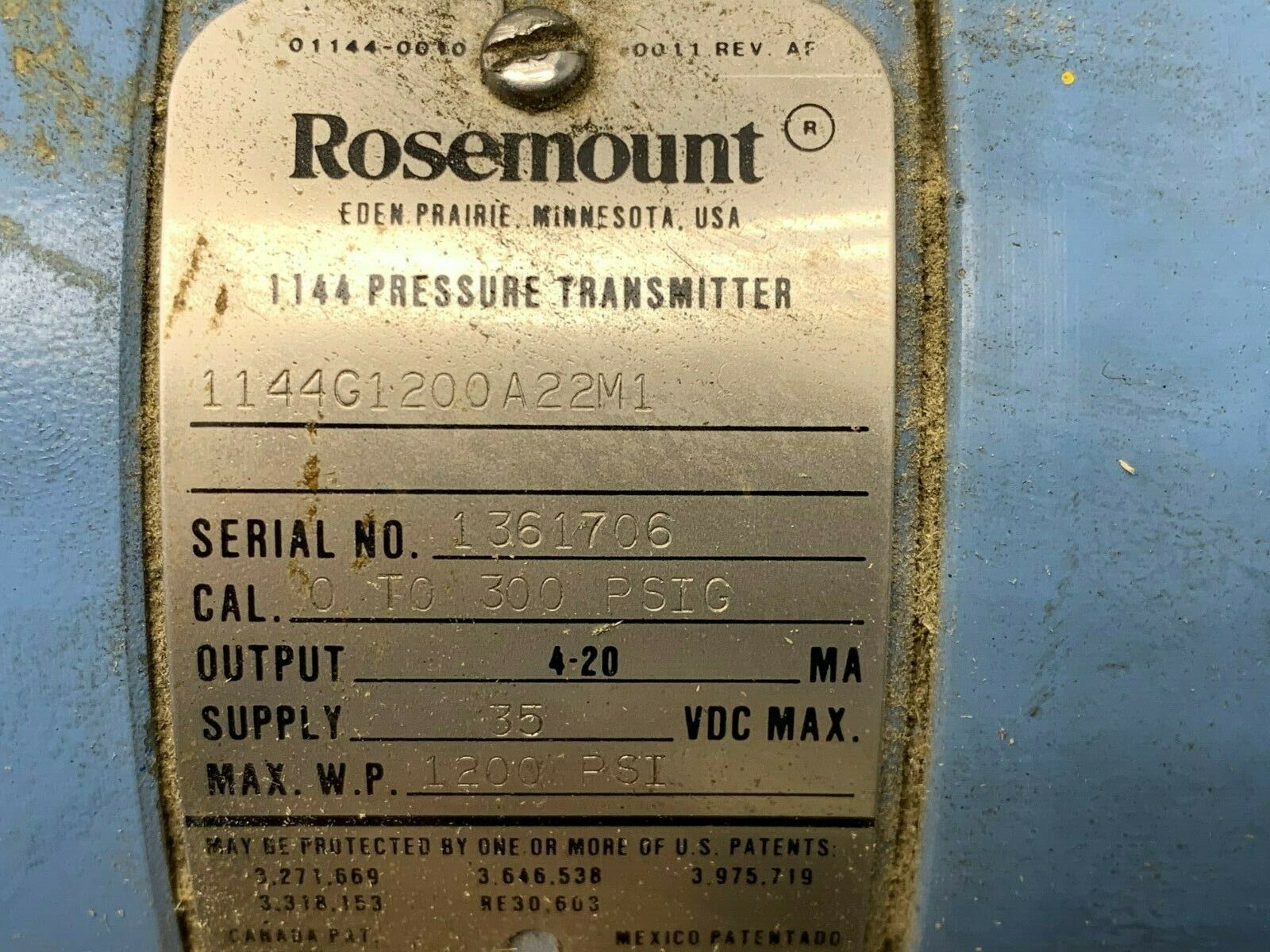 USED ROSEMOUNT PRESSURE TRANSMITTER 1144G1200A22M1