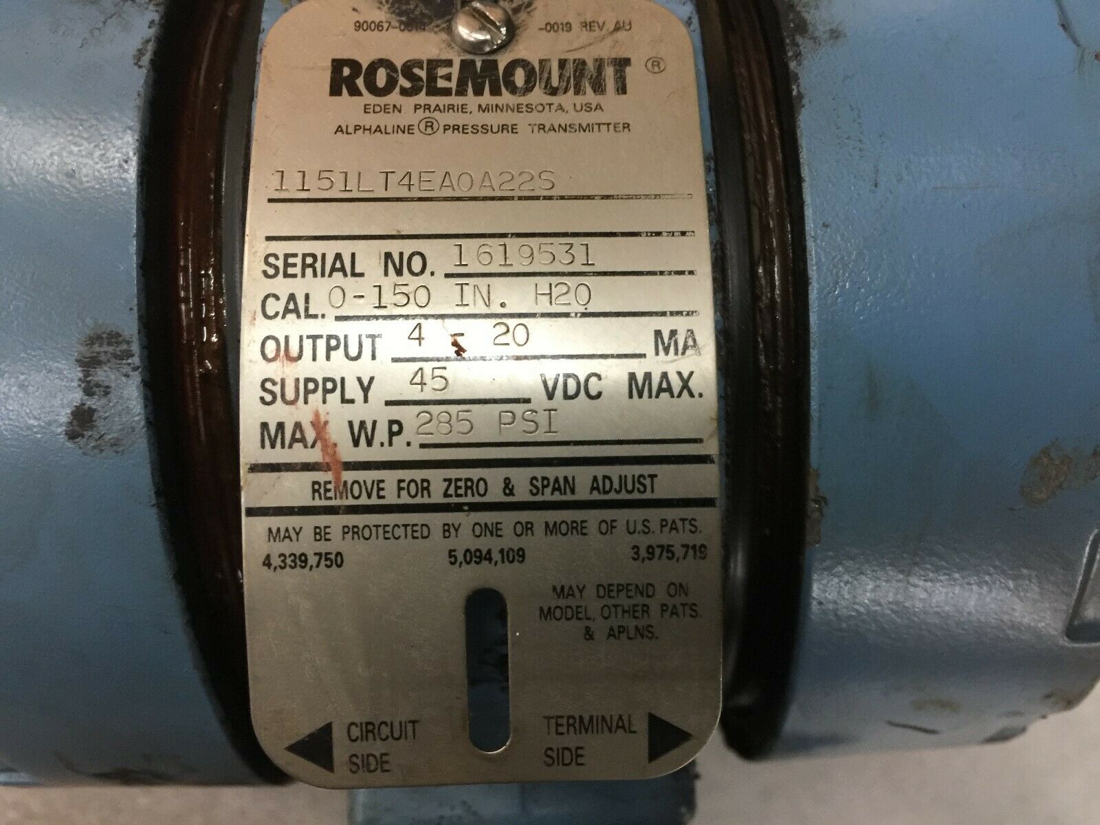 USED ROSEMOUNT 0-150 IN. H20 4-20 MA 48VDC PRESSURE TRANSDUCER 1151LT4EAOA22S