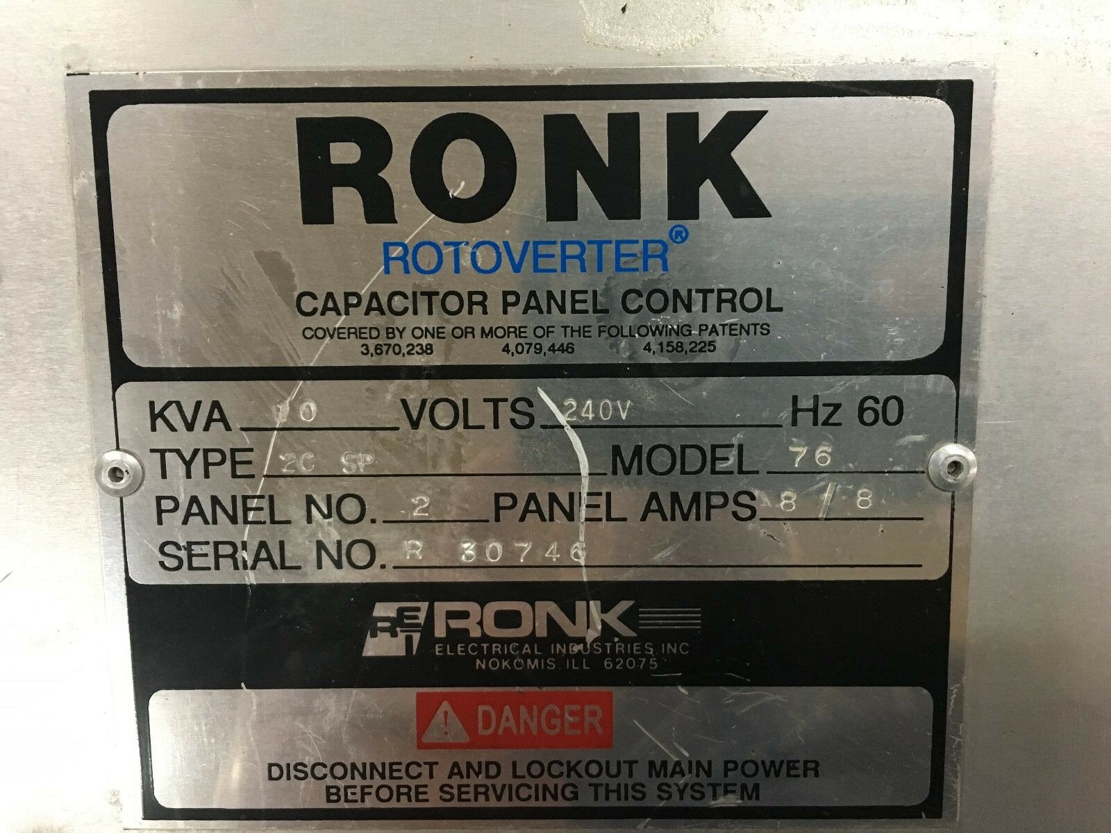 USED RONK 10 KVA ROTOVERTER 240V CAPAITOR PANEL CONTROL MODEL 76