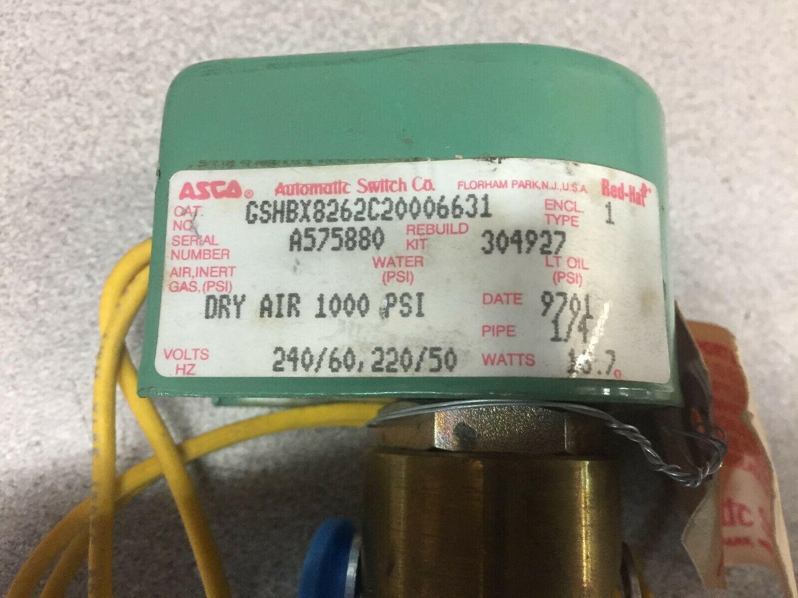 NEW NO BOX ASCO 1/4" 240 VAC 1000 PSI SOLENOID VALVE GSHBX8262C20006631