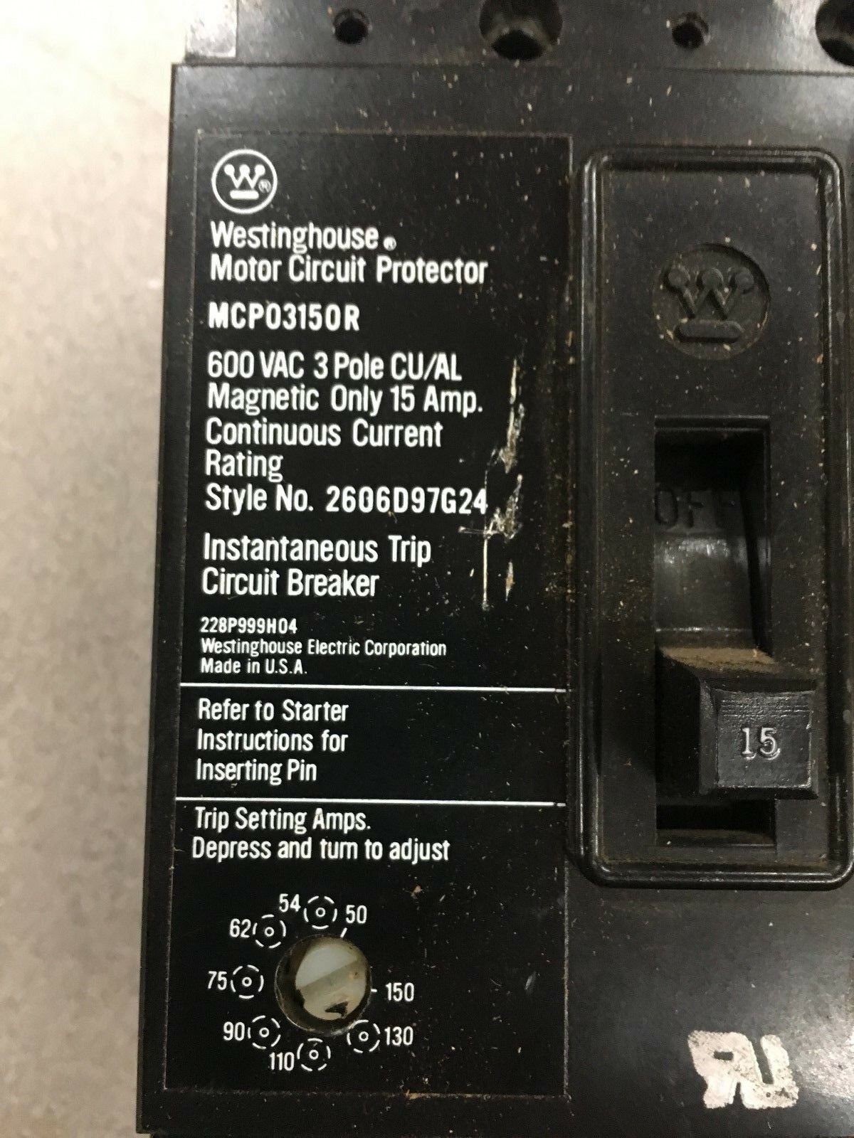 USED WESTINGHOUSE 3 POLE 15AMP CIRCUIT BREAKER MCP03150R