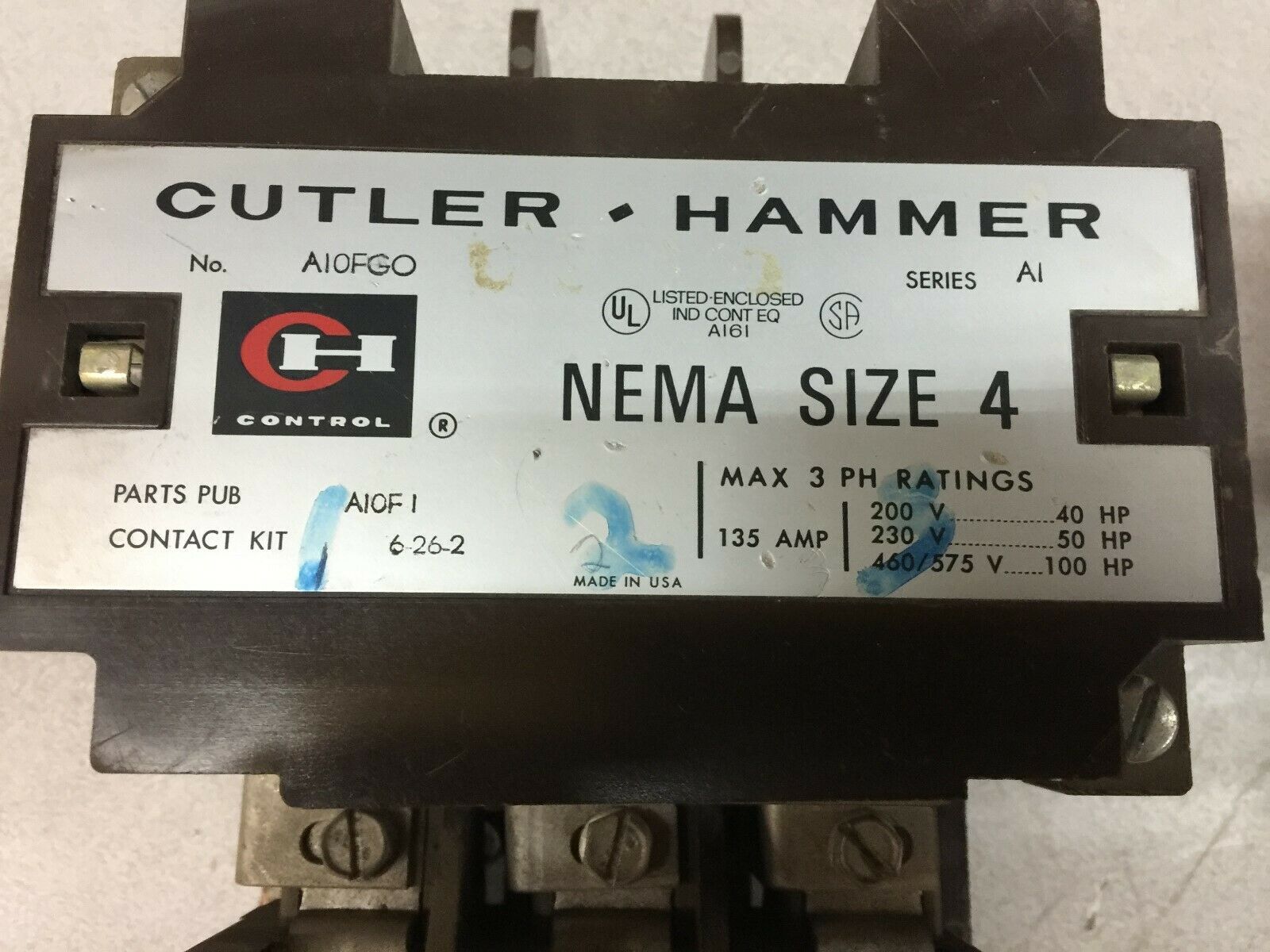 USED CUTLER HAMMER SIZE 4 135AMP 3POLE 100HP 480VAC COIL STARTER A10FGO